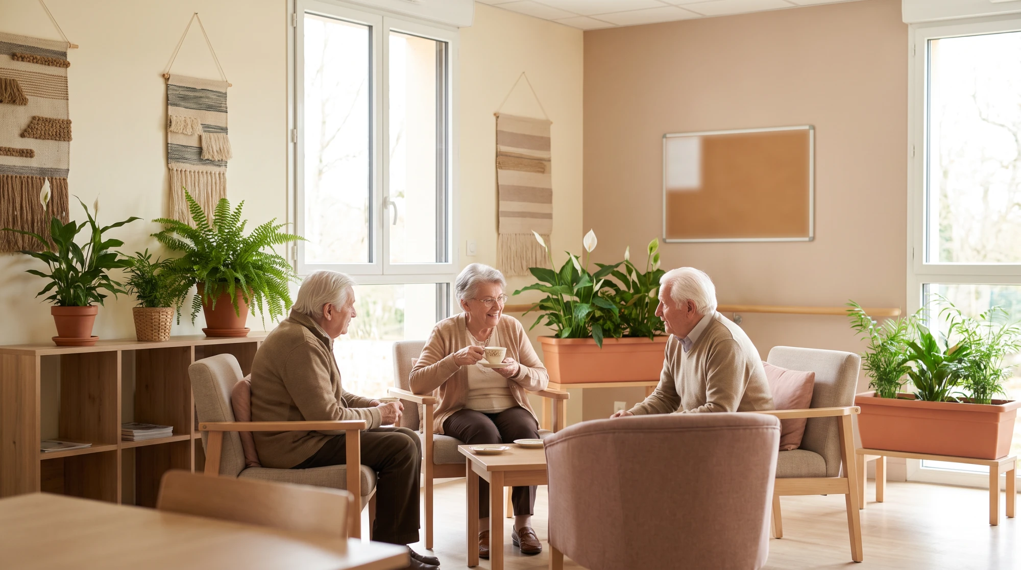 Trois résidents âgés en conversation détendue dans un salon commun chaleureux, plantes vertes et lumière naturelle