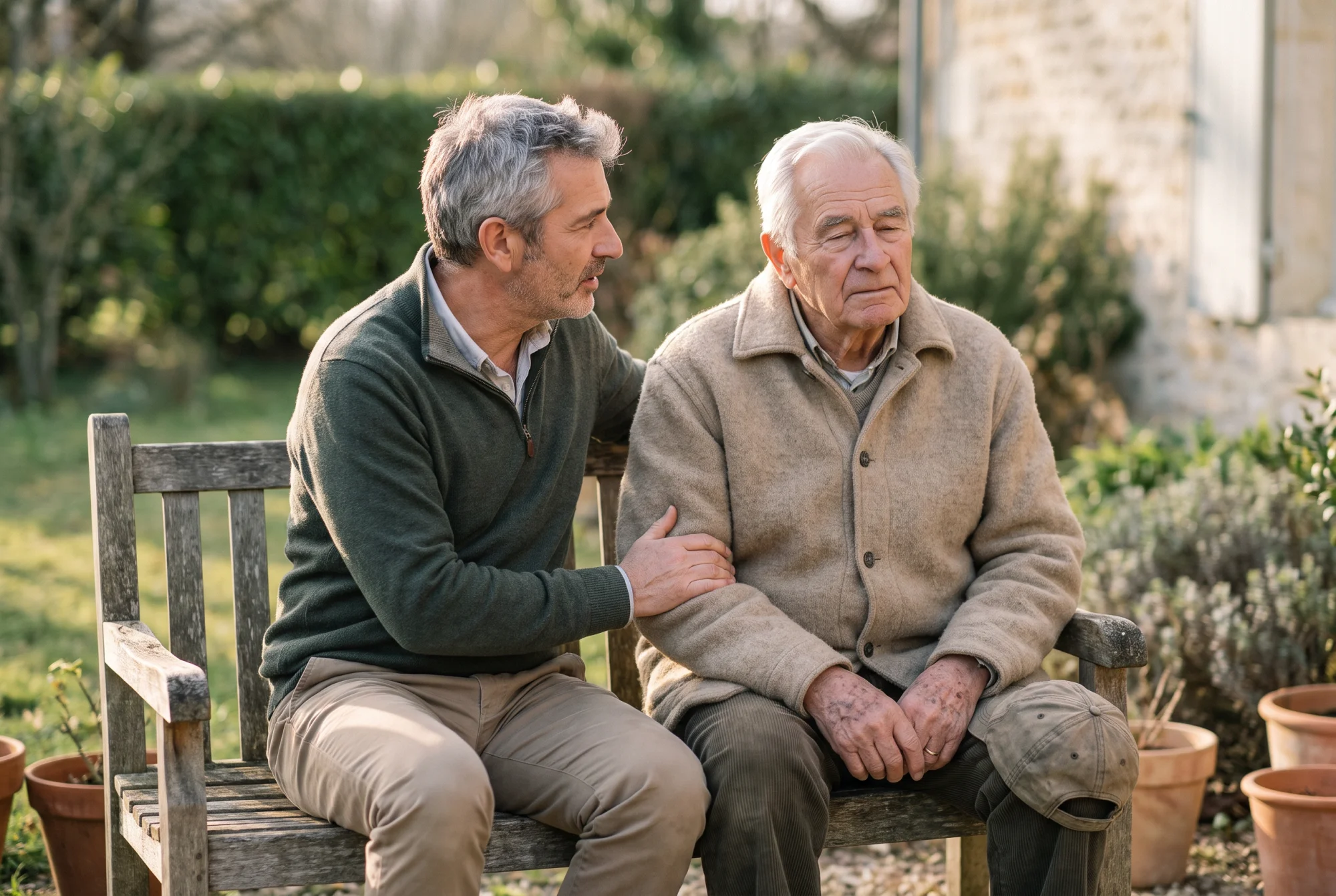 Fils adulte et son père âgé discutant calmement sur un banc de jardin, lumière douce de fin d'après-midi.