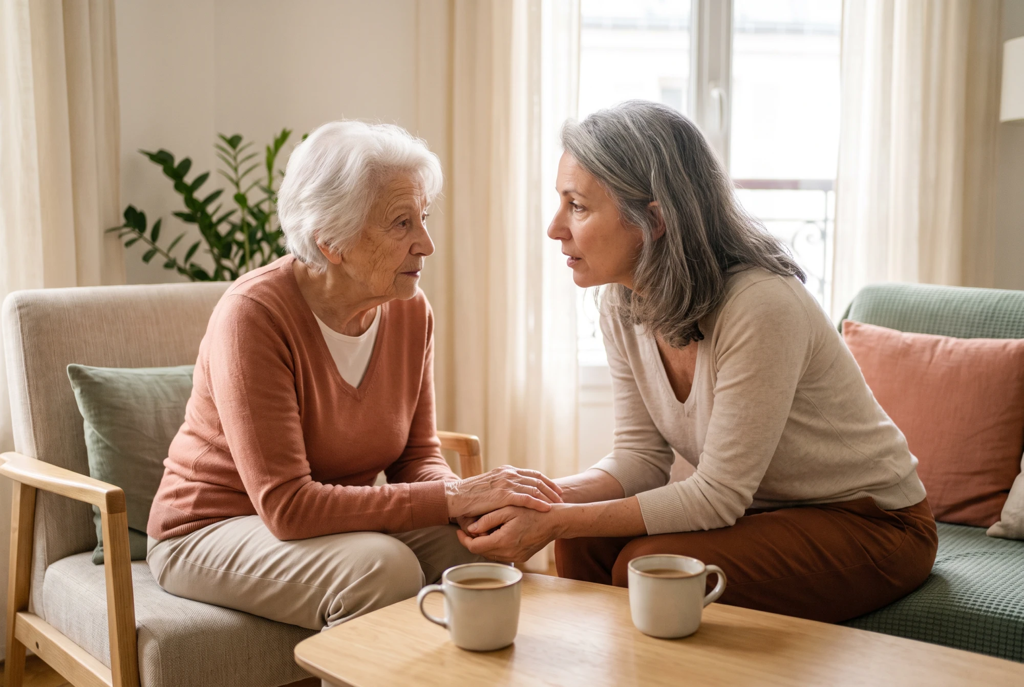 Fille aidante et sa mère âgée, assises face à face dans un salon lumineux, en conversation attentive.