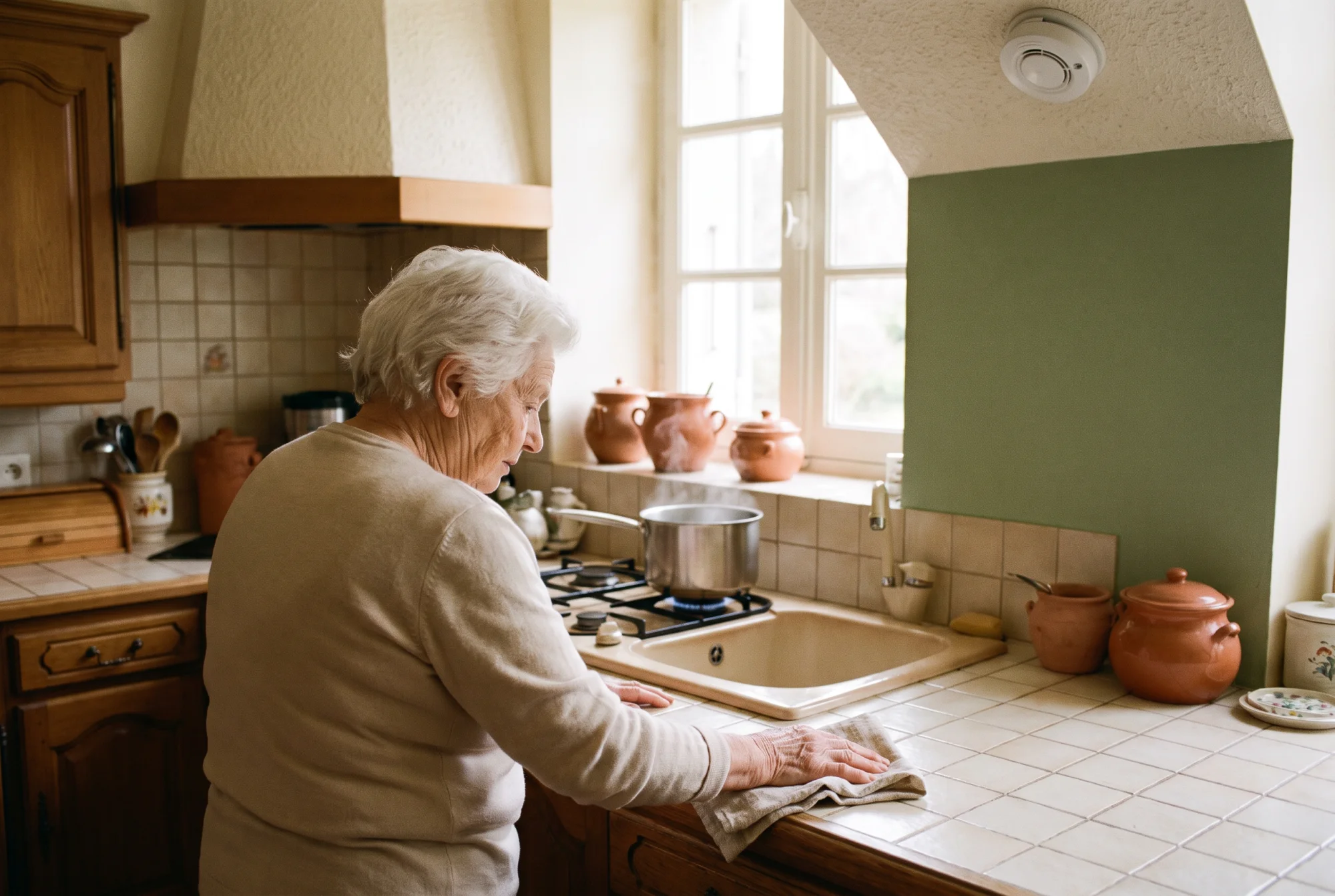Femme âgée seule dans sa cuisine française, casserole sur le feu, détecteur de fumée visible au plafond.