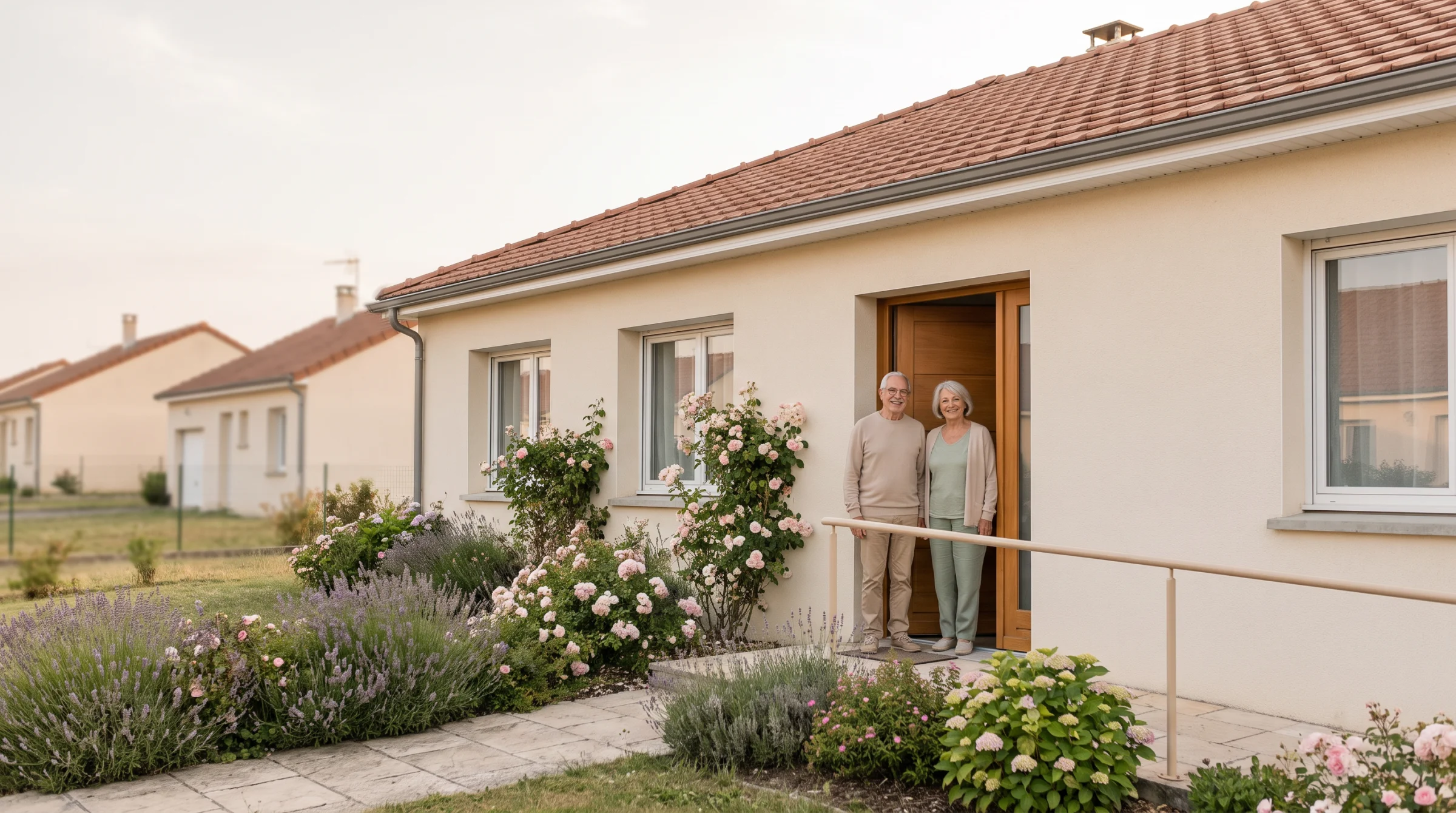 Couple de seniors souriant devant leur petite maison de plain-pied entourée d'un jardin fleuri
