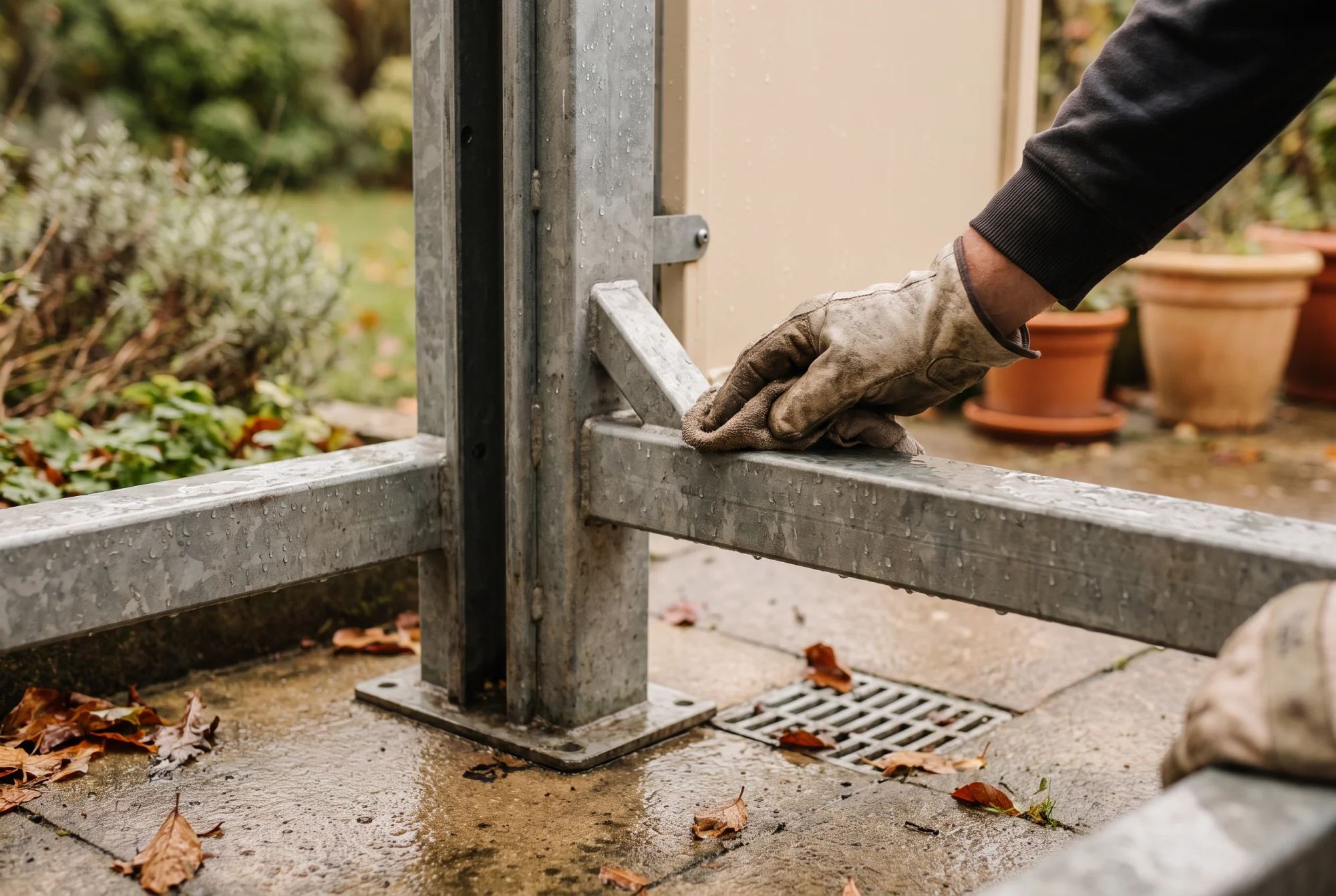 Bas d'une plateforme élévatrice extérieure et sa dalle béton mouillée après la pluie, gouttes d'eau sur la structure galvanisée