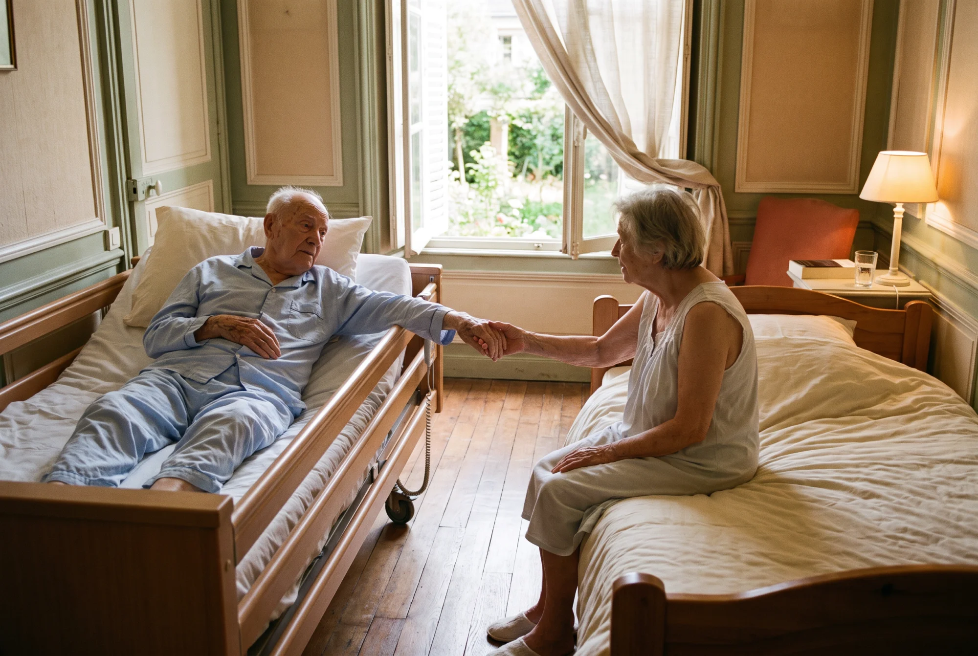 Couple de seniors dans leur chambre, lit médicalisé jumelé au lit conjugal, fenêtre ouverte sur un jardin.