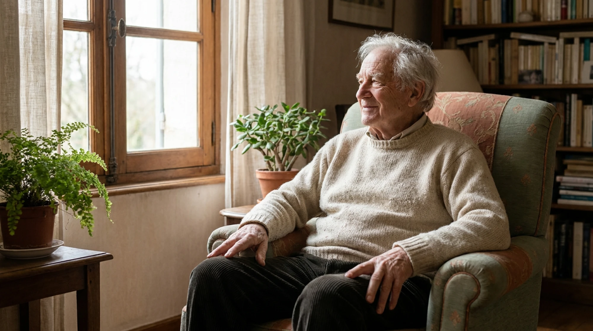 Homme âgé apaisé chez lui près de la fenêtre, lumière douce, sentiment de sérénité et de protection