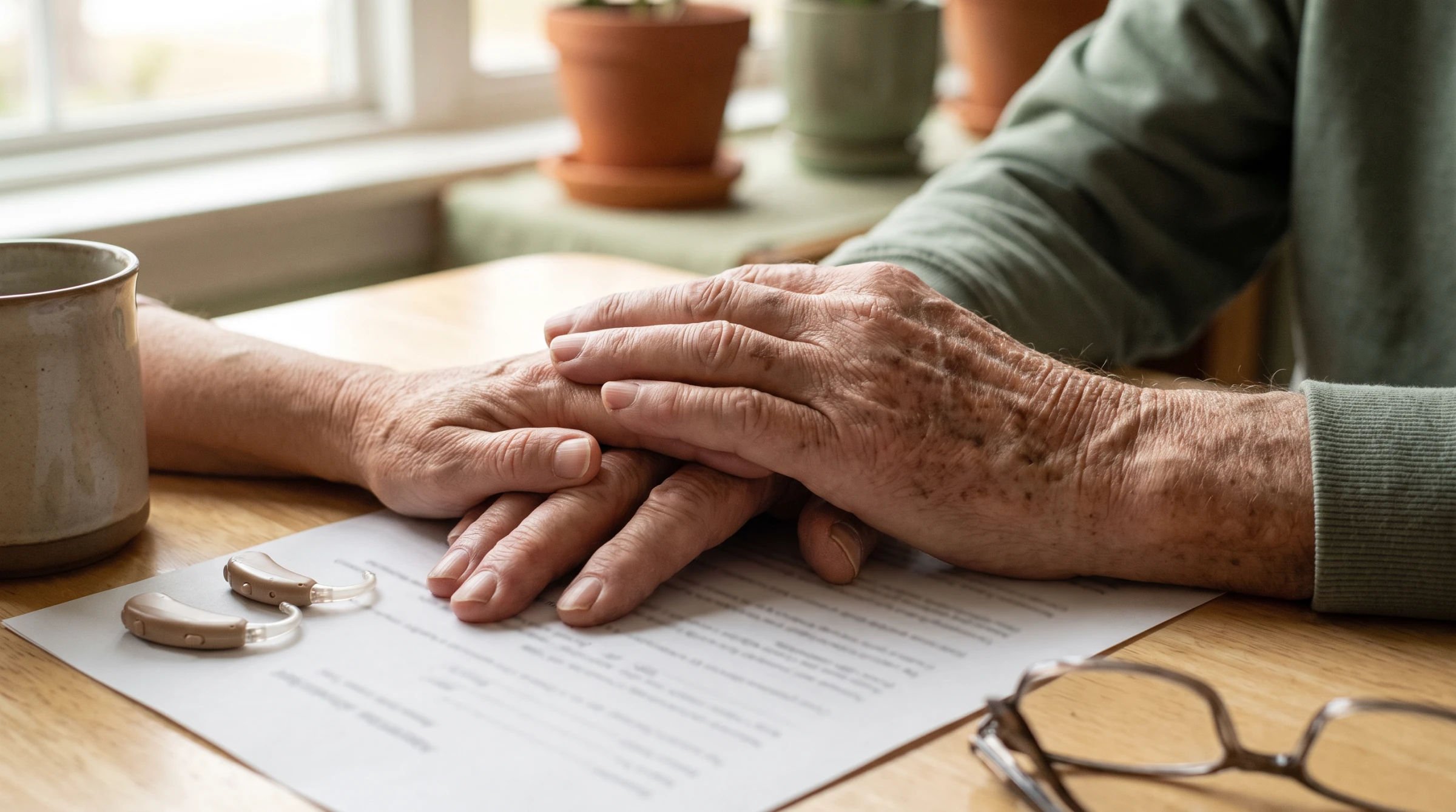 Main d'un senior et main de son aidante posées sur un devis d'appareil auditif, table de cuisine lumineuse.