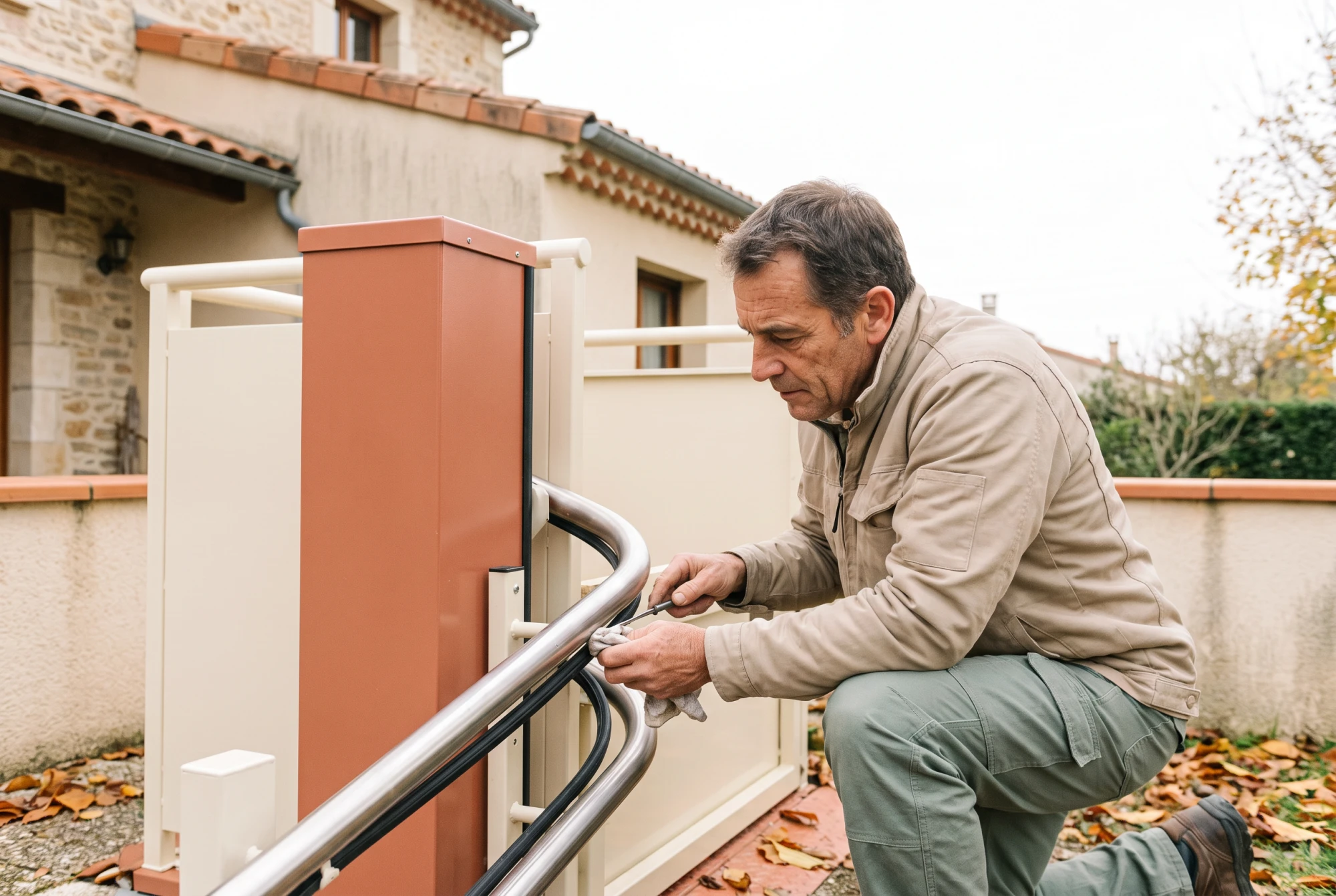 Technicien de maintenance vérifiant les rails et l'étanchéité d'une plateforme élévatrice extérieure dans un jardin