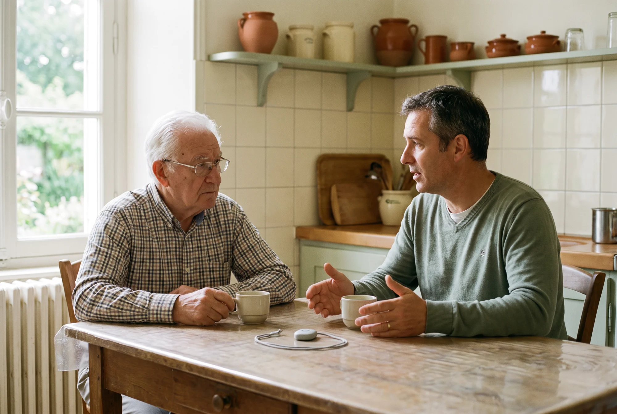 Fils adulte et son père âgé discutant du bracelet d'alerte autour d'un café dans une cuisine française.