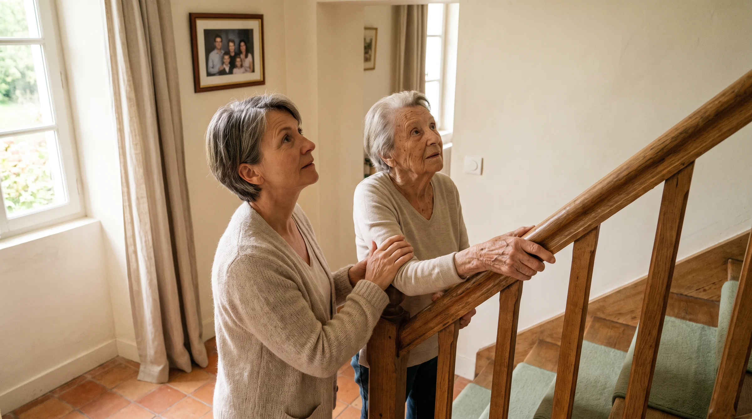 Fille aidante et sa mère âgée au pied de l'escalier d'une maison, lumière douce du matin.