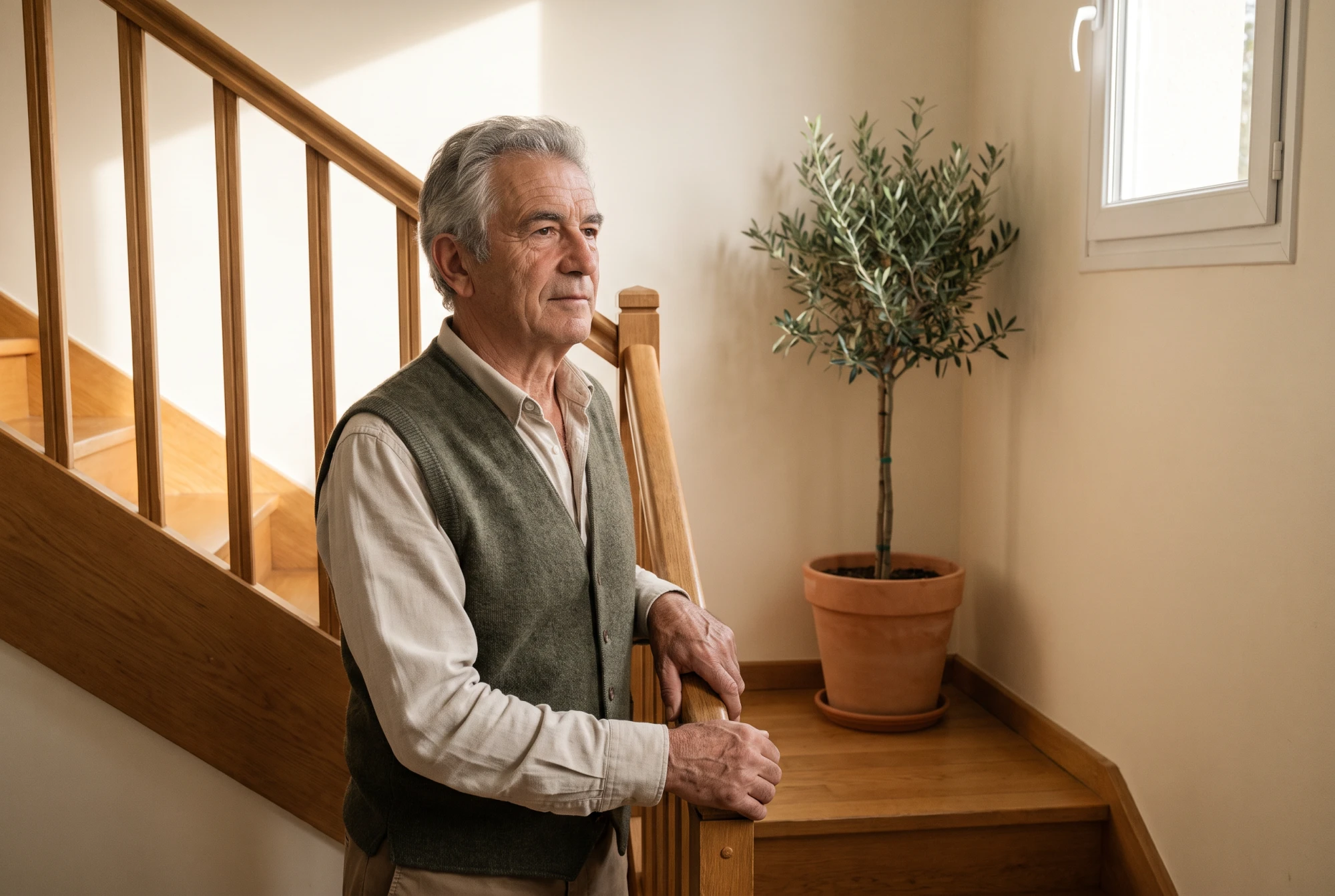 Homme senior autonome de 72 ans, main posée sur la rampe de son escalier, intérieur lumineux français.