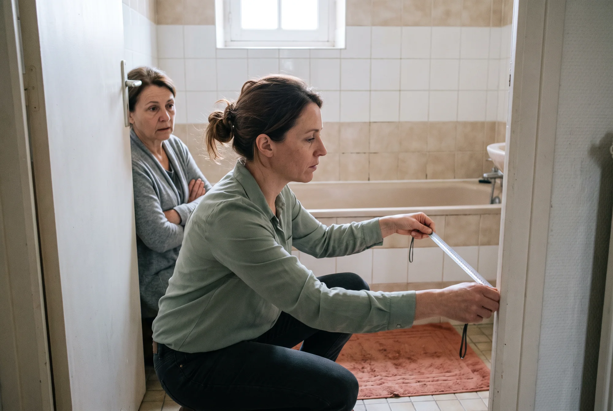 Ergothérapeute mesurant l'accès de la salle de bain devant la fille aidante lors de la visite à domicile.