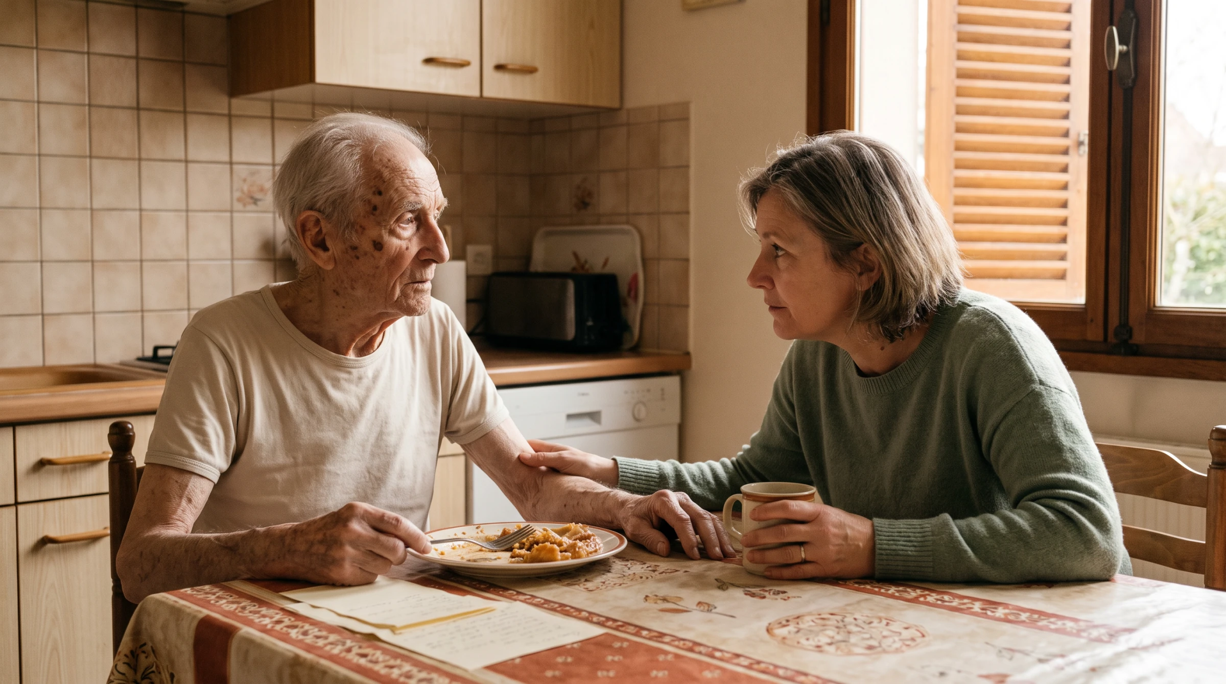 Fille aidante et son père âgé attablés dans une cuisine lumineuse, assiette à moitié pleine devant lui.