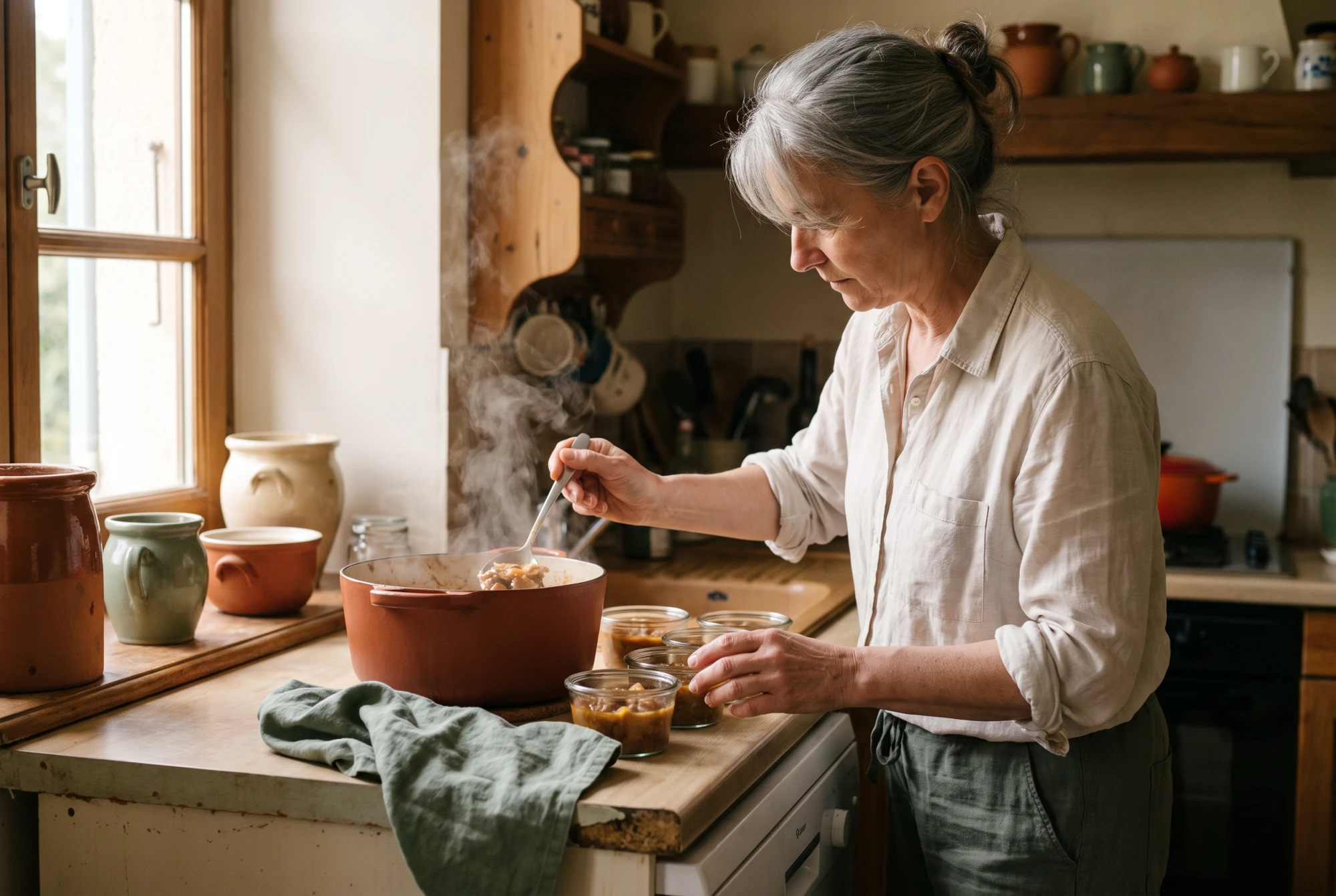 Aidante quinquagénaire préparant des portions individuelles de repas maison dans une cuisine française ensoleillée.