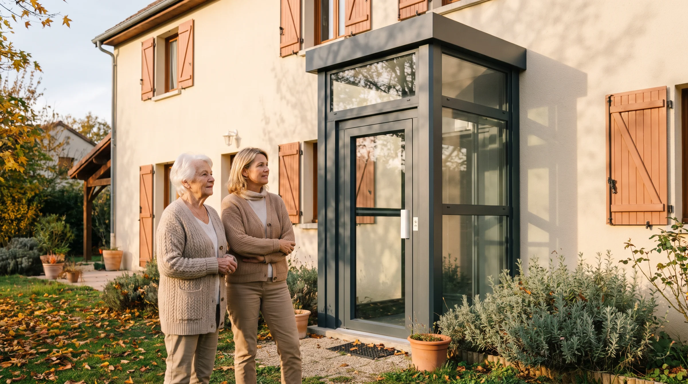 Fille adulte et sa mère âgée devant l'ascenseur extérieur vitré de leur maison, lumière douce de fin d'après-midi.