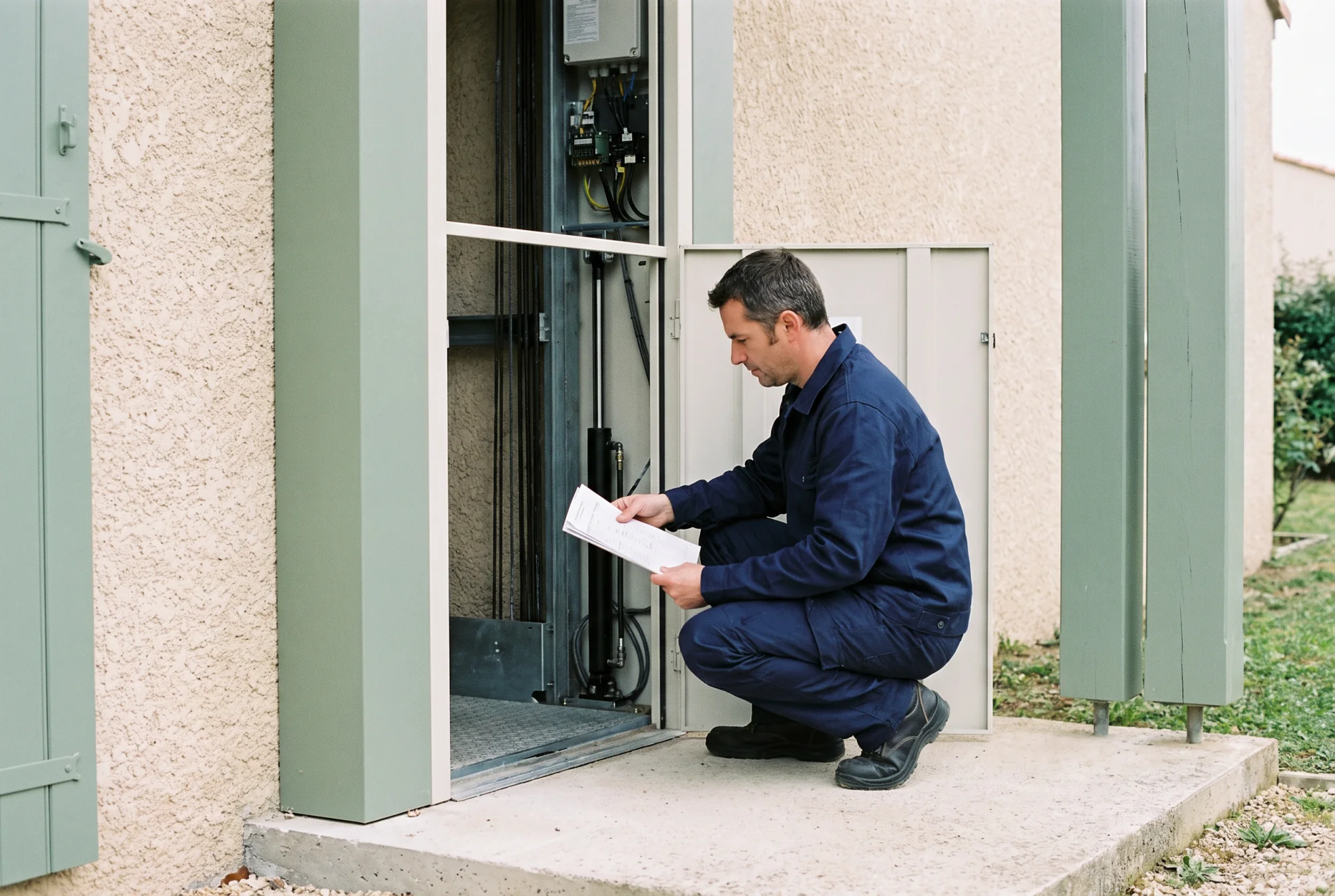 Technicien en maintenance vérifiant la motorisation d'un ascenseur extérieur de maison, carnet d'entretien à la main.