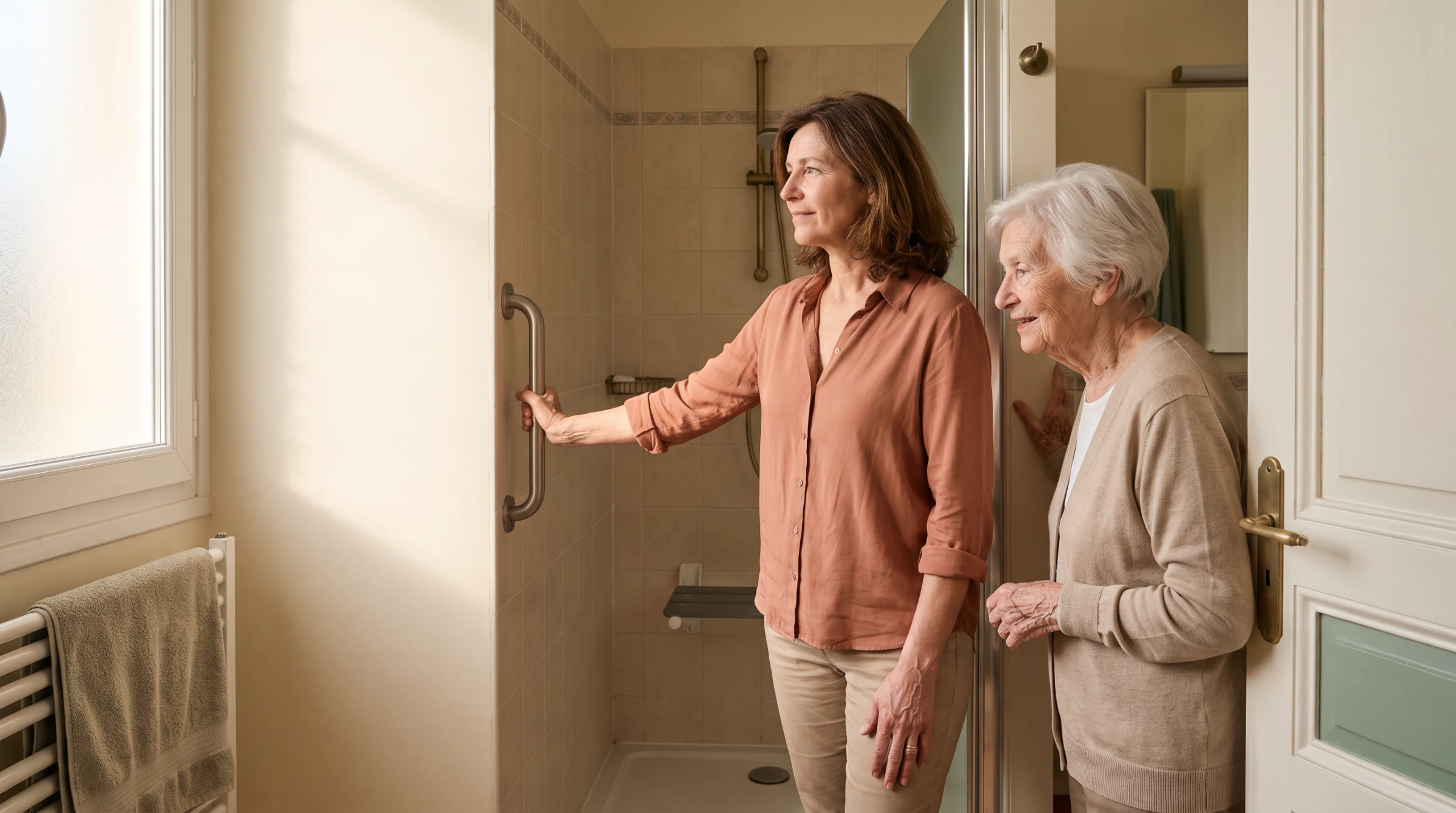 Aidante de 55 ans montrant la barre d'appui d'une cabine de douche senior à sa mère âgée, salle de bain lumineuse.