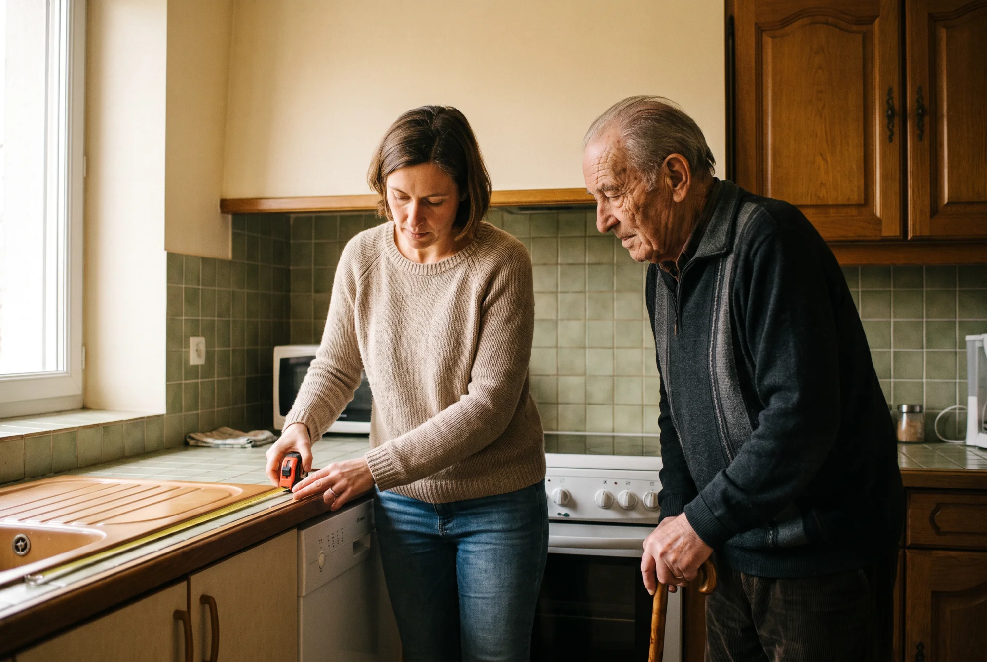 Ergothérapeute mesurant la hauteur du plan de travail chez un homme âgé, dans la cuisine de son domicile.
