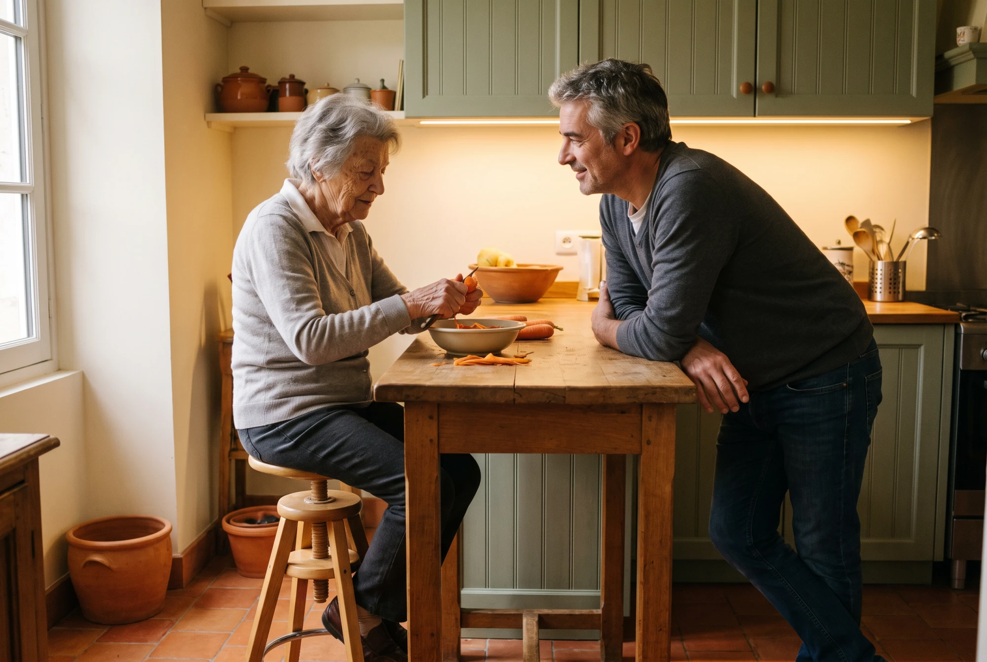 Femme âgée assise sur un tabouret assis-debout épluchant des légumes, son fils debout près d'elle.
