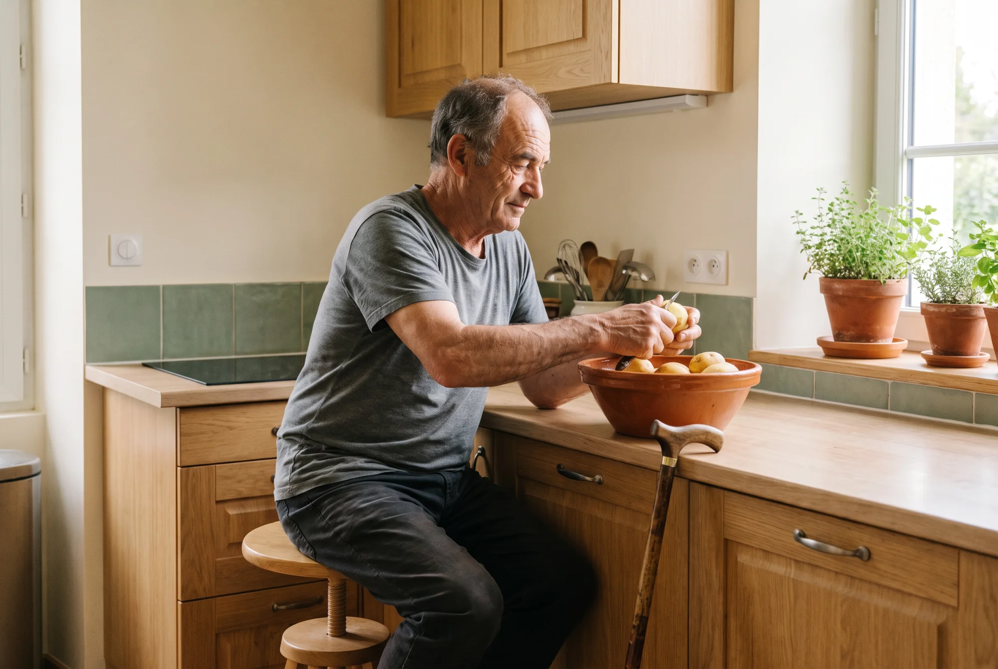 Homme senior assis sur un tabouret haut épluchant des légumes à hauteur de coude dans sa cuisine adaptée
