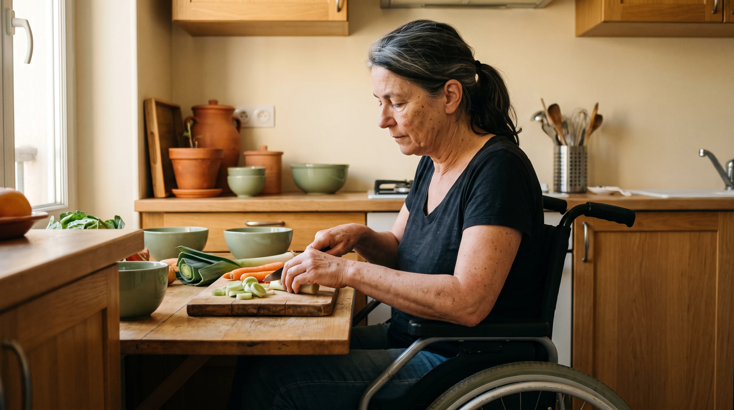 Femme de soixante ans en fauteuil roulant préparant des légumes sur un plan de travail surbaissé, cuisine lumineuse