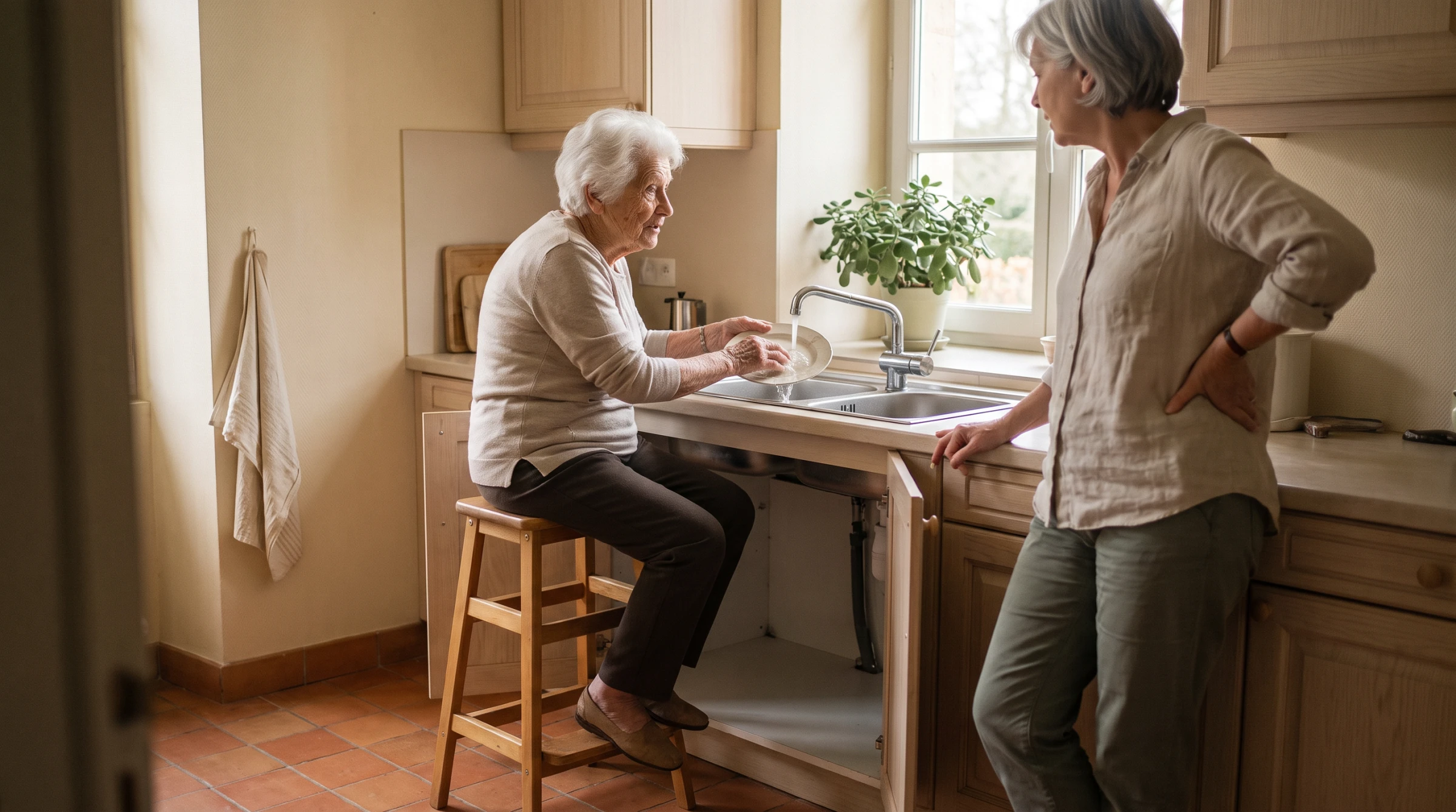 Fille aidante et sa mère âgée, assise sur un tabouret, font la vaisselle à un évier PMR à cuve plate.
