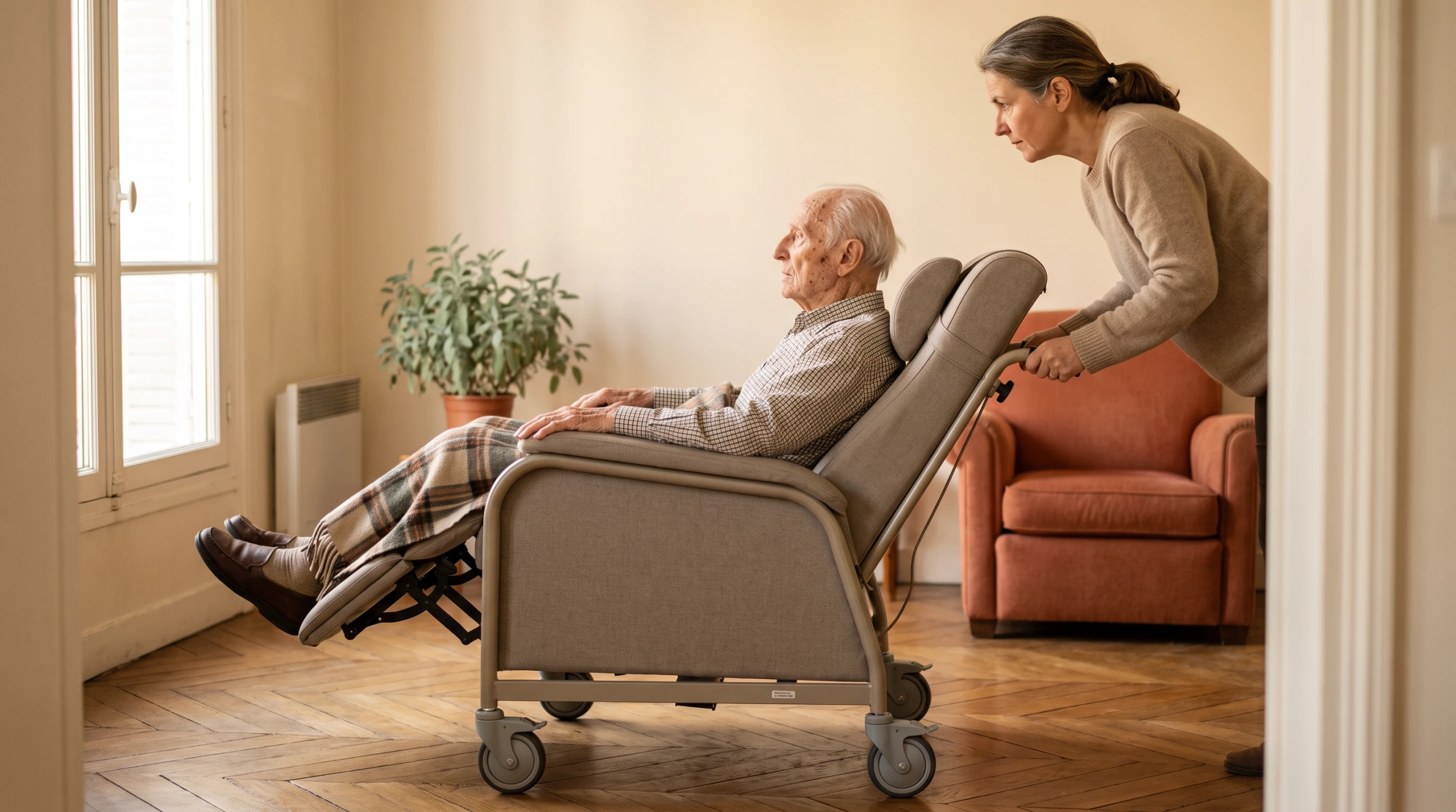 Fille aidante poussant le fauteuil coquille incliné de son père âgé dans un salon lumineux.