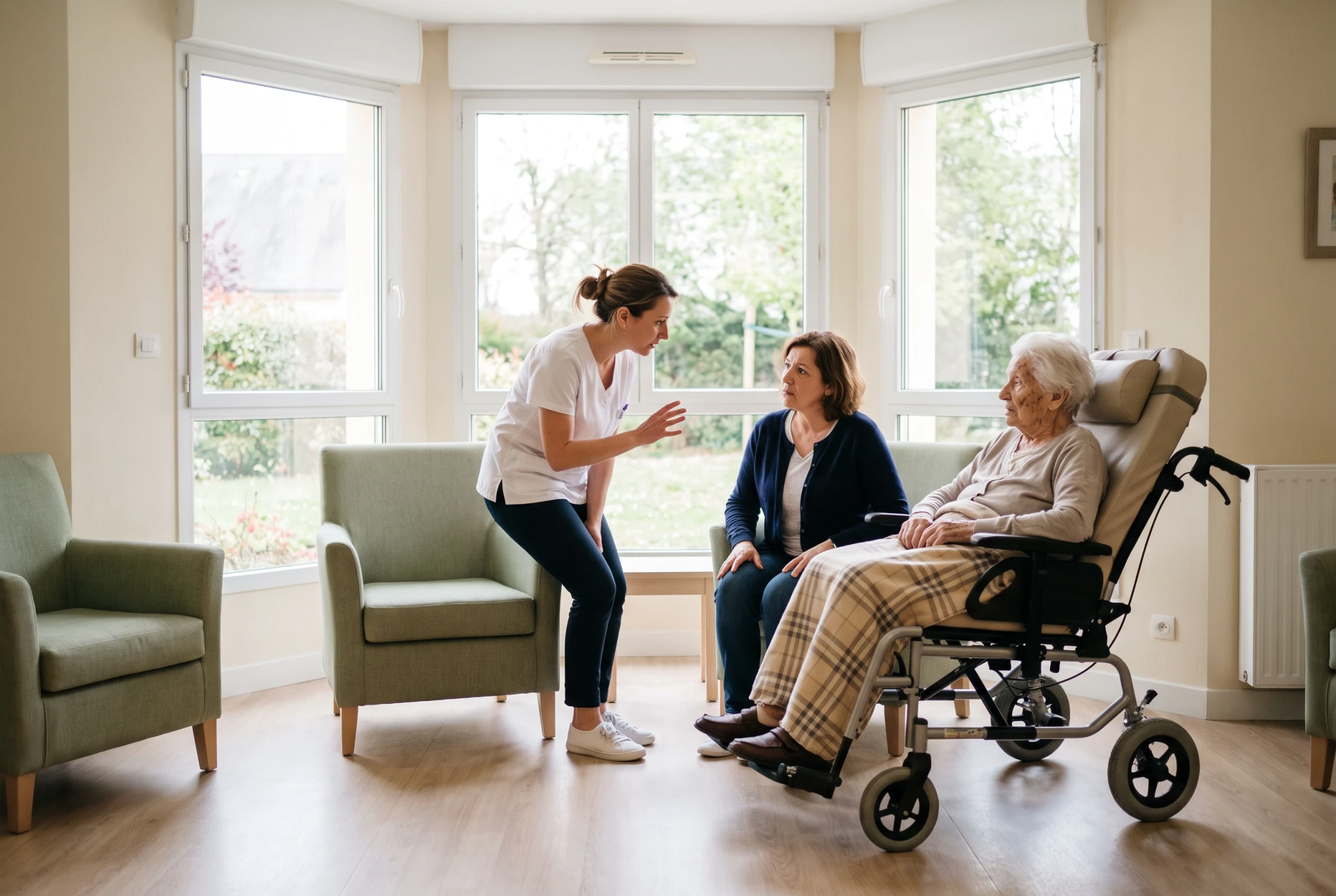 Cadre de santé en EHPAD expliquant à une fille aidante le remboursement du fauteuil coquille.