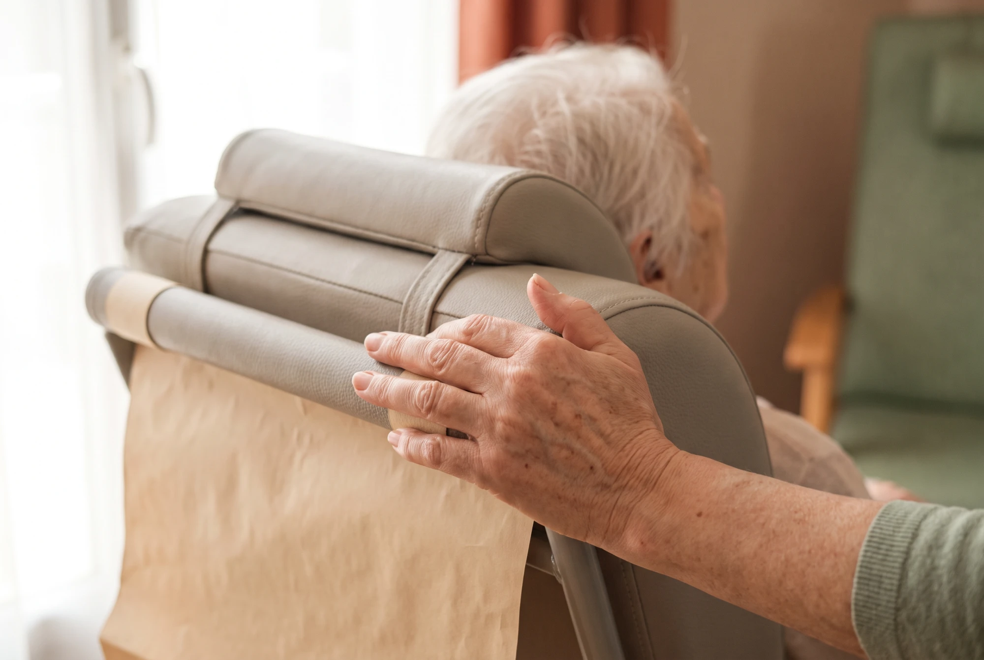 Mains d'un aidant de 60 ans posées sur la poignée du fauteuil coquille de sa mère âgée.