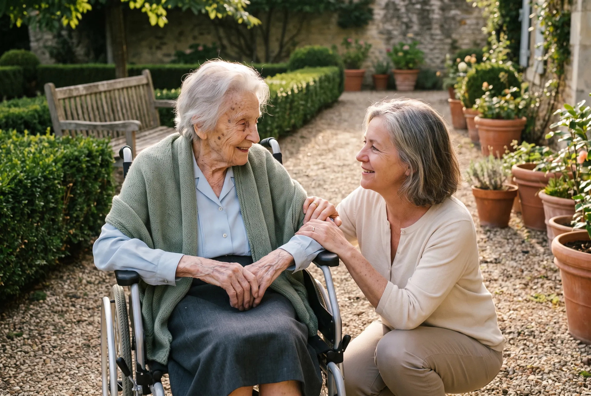 Mère âgée assise en fauteuil de transfert dans un jardin, sa fille aidante accroupie près d'elle, lumière douce.