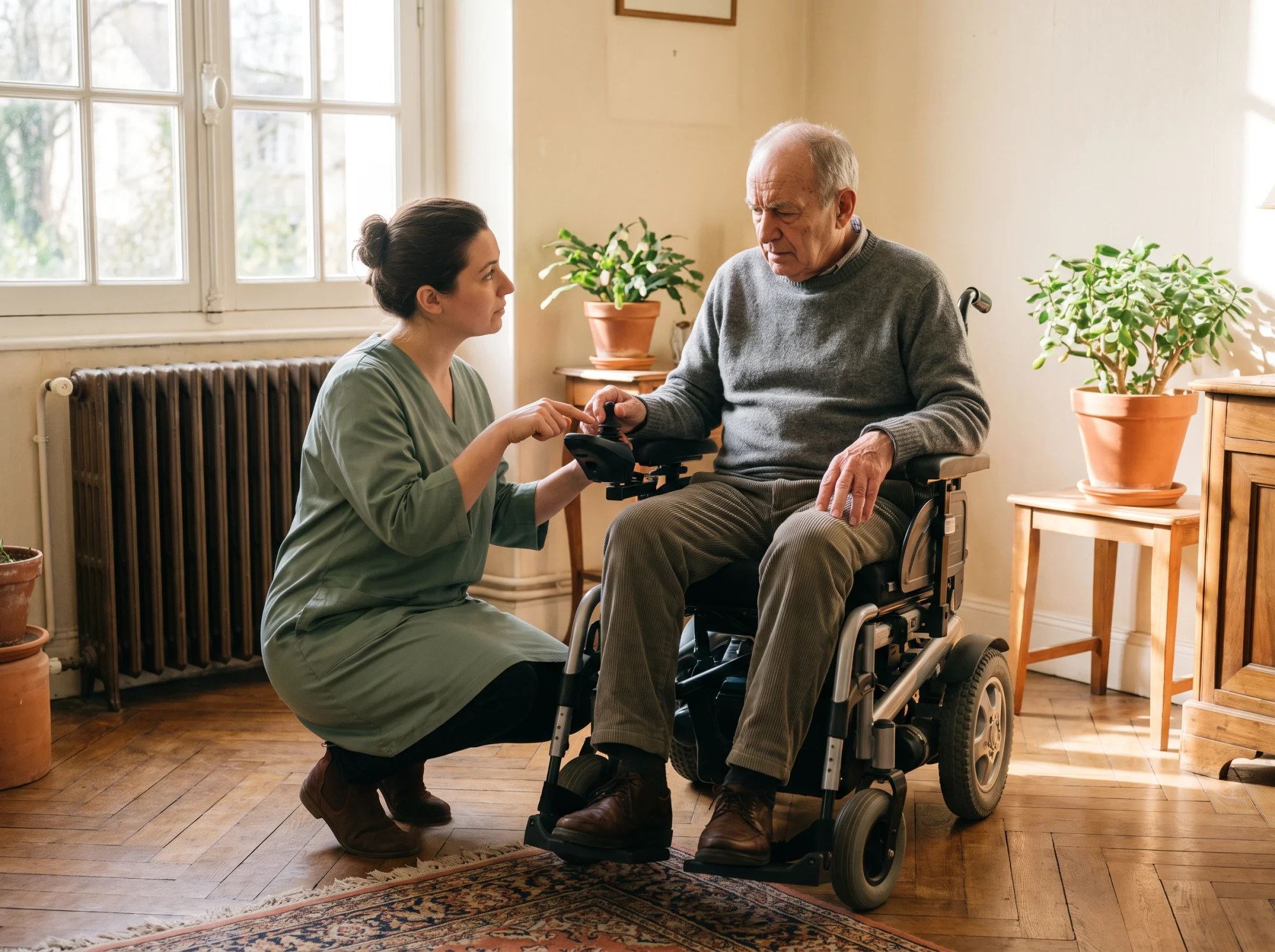 Ergothérapeute guidant un homme de soixante-dix ans lors de l'essai d'un fauteuil roulant électrique à domicile.