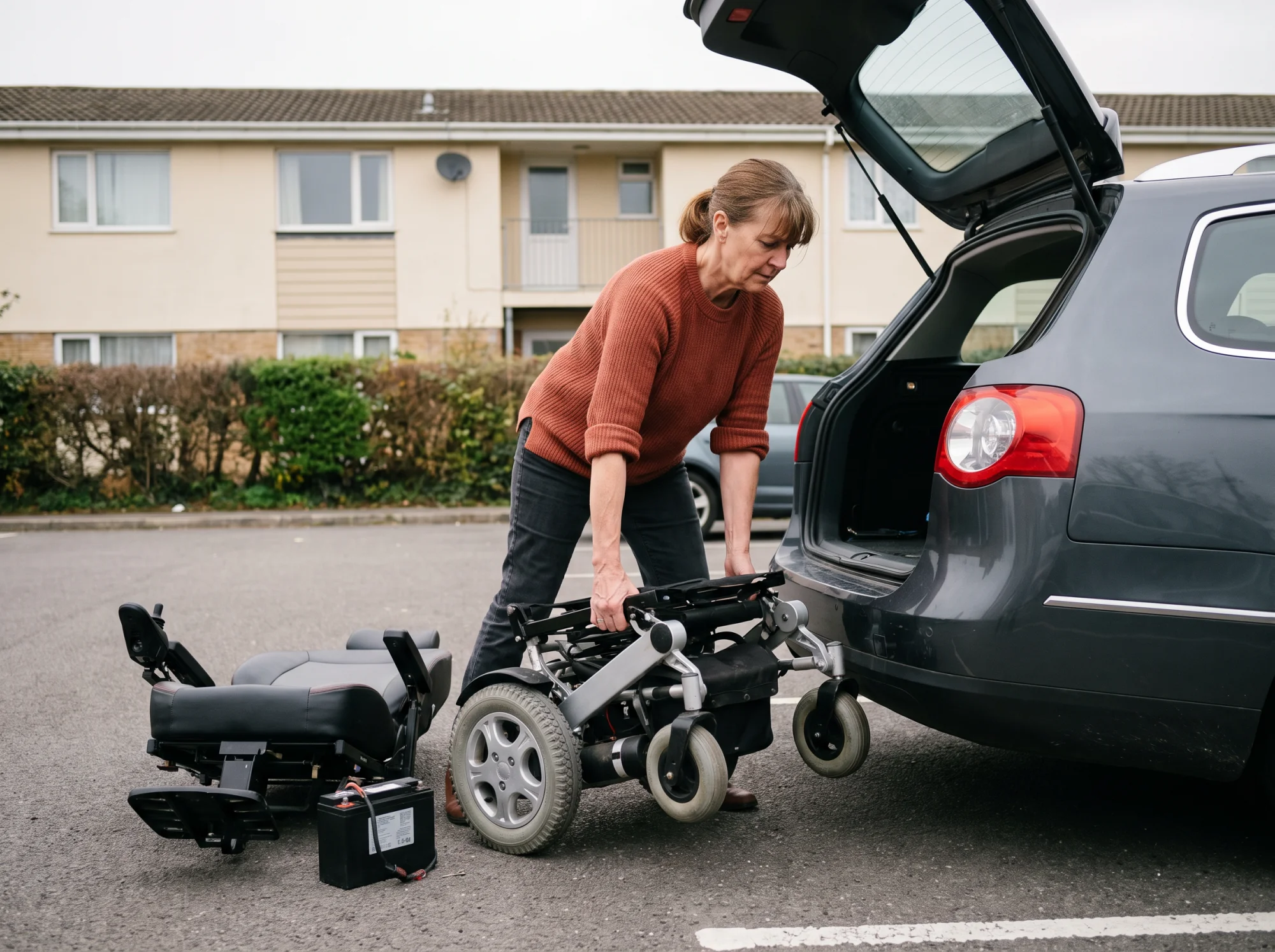 Aidante de soixante ans soulevant avec effort un module de fauteuil roulant électrique démonté pour le charger dans un coffre de voiture