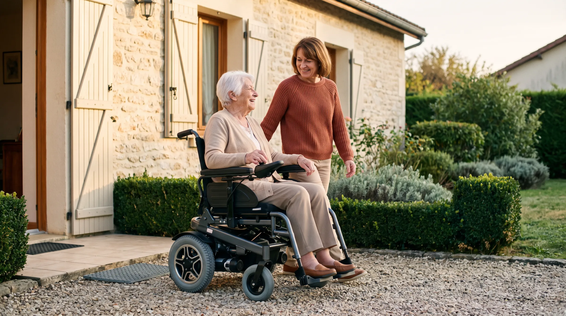 Femme âgée en fauteuil roulant électrique franchissant le seuil de sa maison, sa fille aidante à ses côtés, sourire complice
