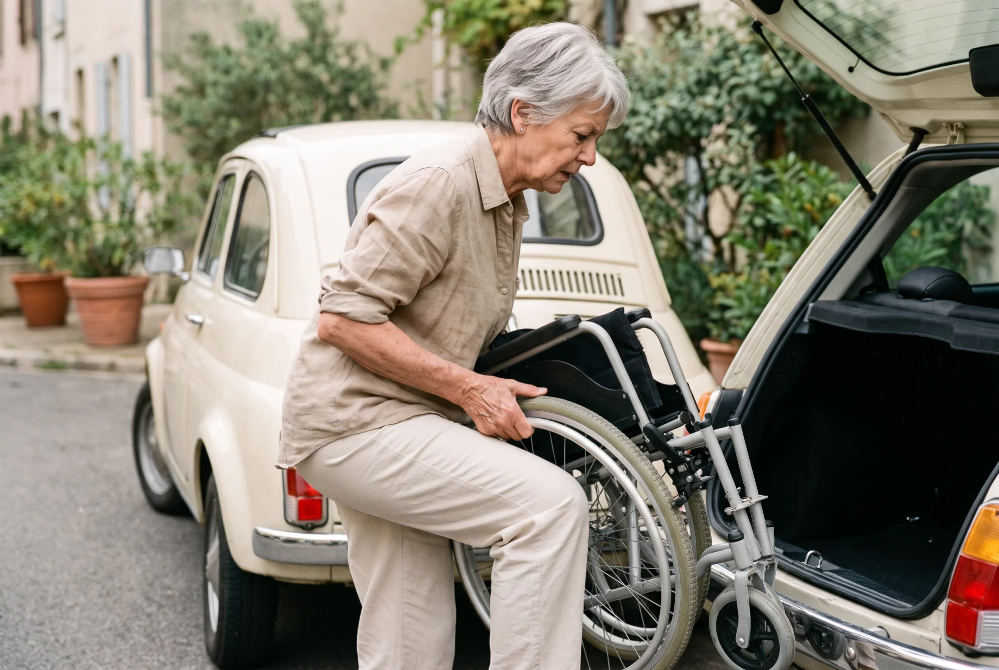 Aidante de soixante ans soulevant un fauteuil roulant pliable léger vers le coffre d'une petite voiture.