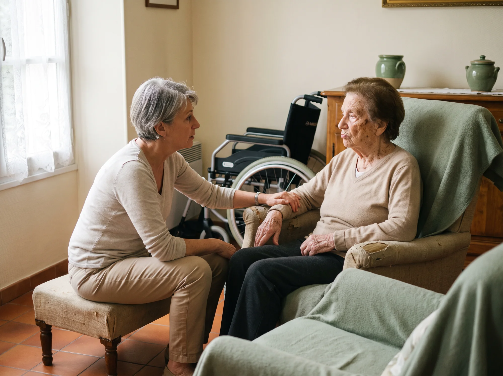 Fille aidante parlant doucement à sa mère âgée assise, fauteuil roulant pliable replié contre le mur du salon.