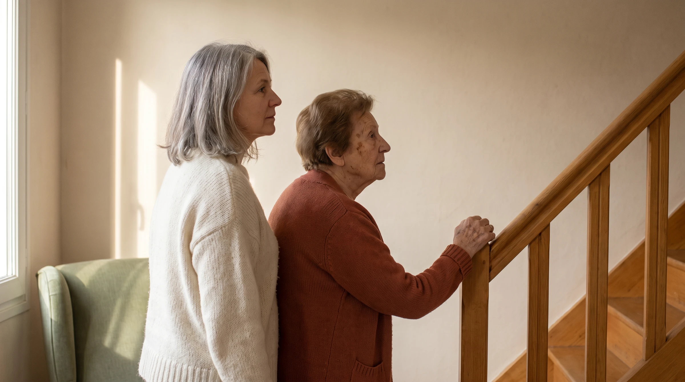 Fille aidante et sa mère âgée au pied de l'escalier en bois d'une maison, lumière douce du matin.
