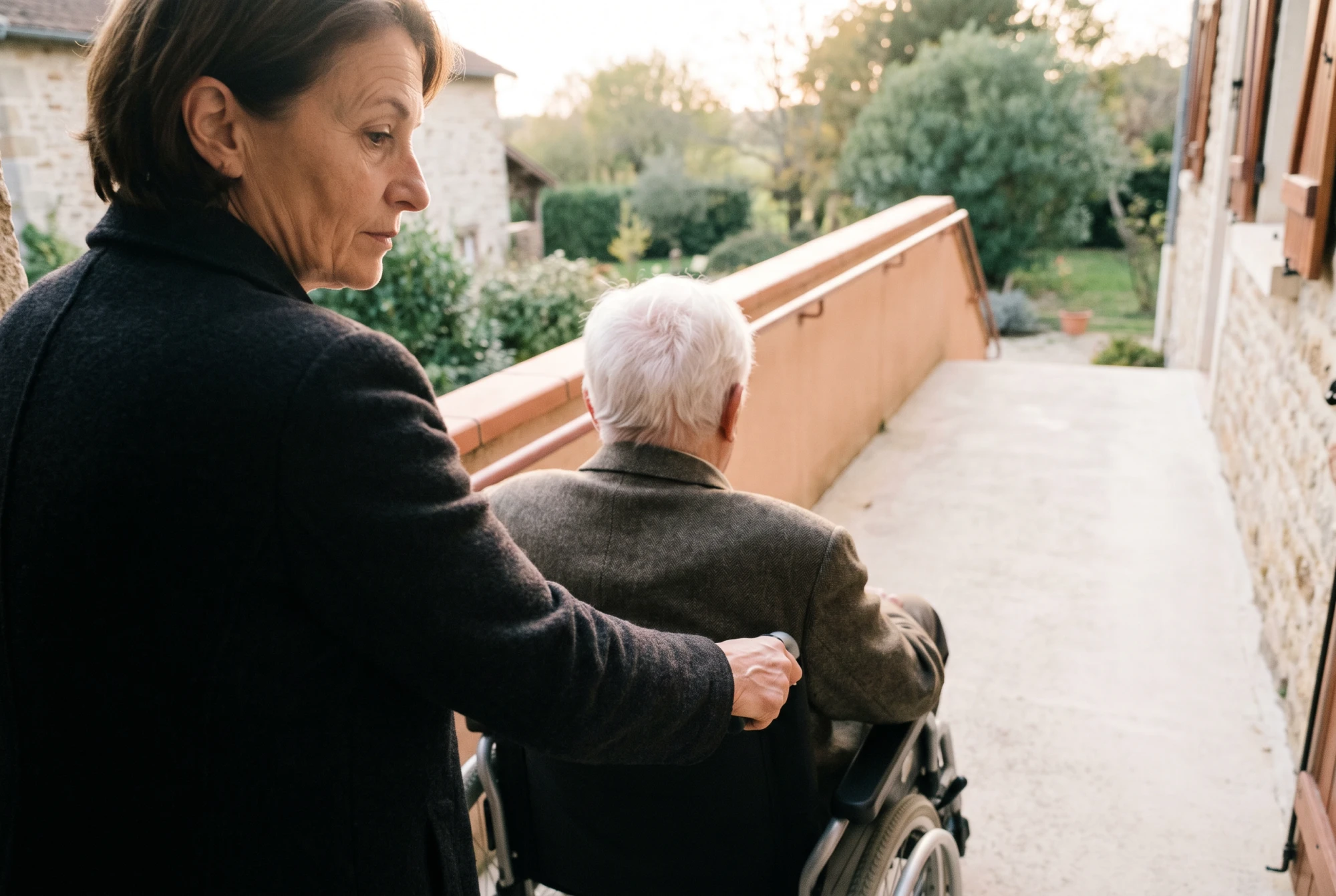 Aidante freinant le fauteuil roulant de son père dans la descente d'une rampe extérieure, mains serrées sur les poignées.