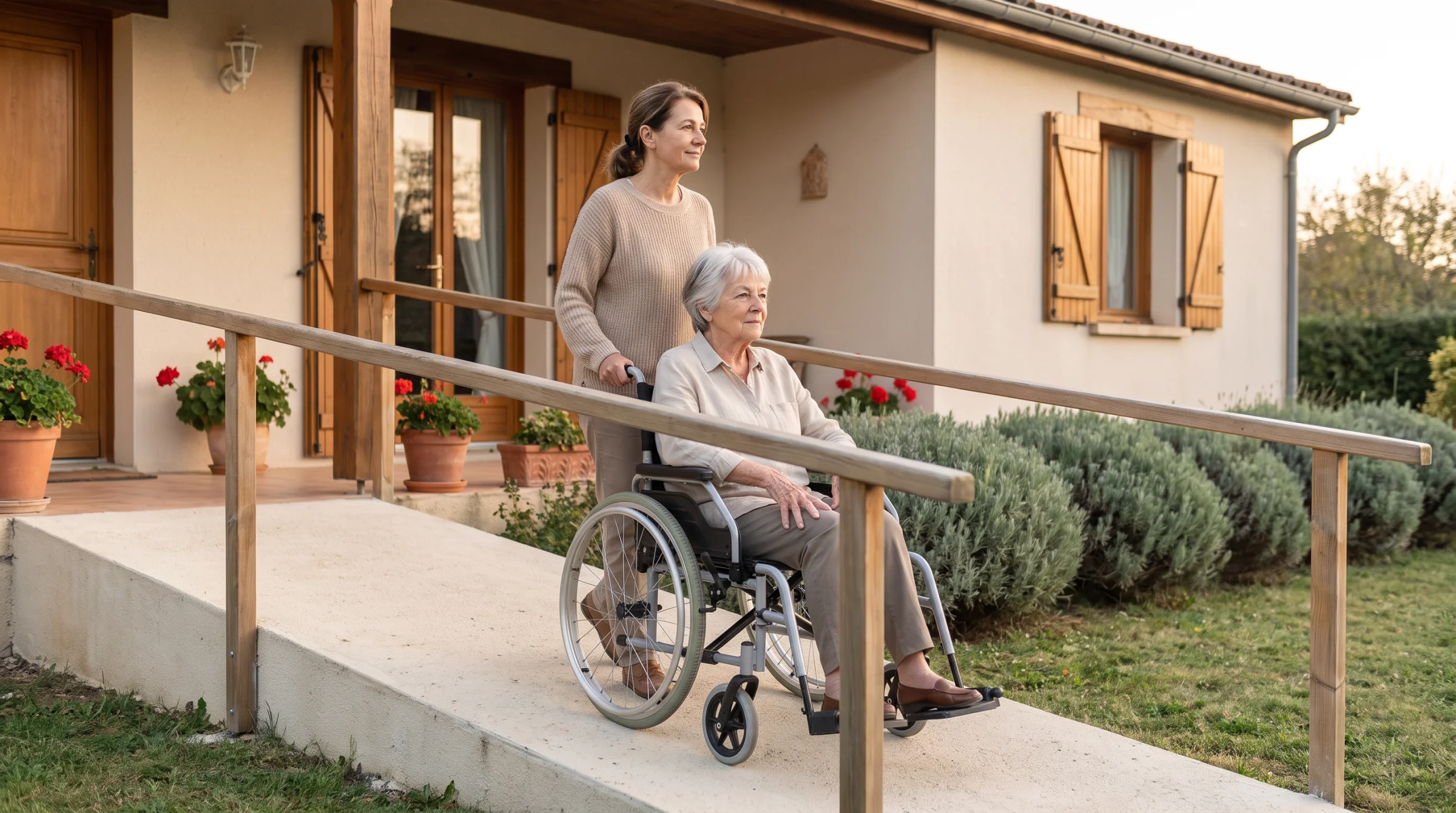 Fille aidante accompagnant sa mère en fauteuil roulant sur une rampe d'accès douce devant le perron d'un pavillon.