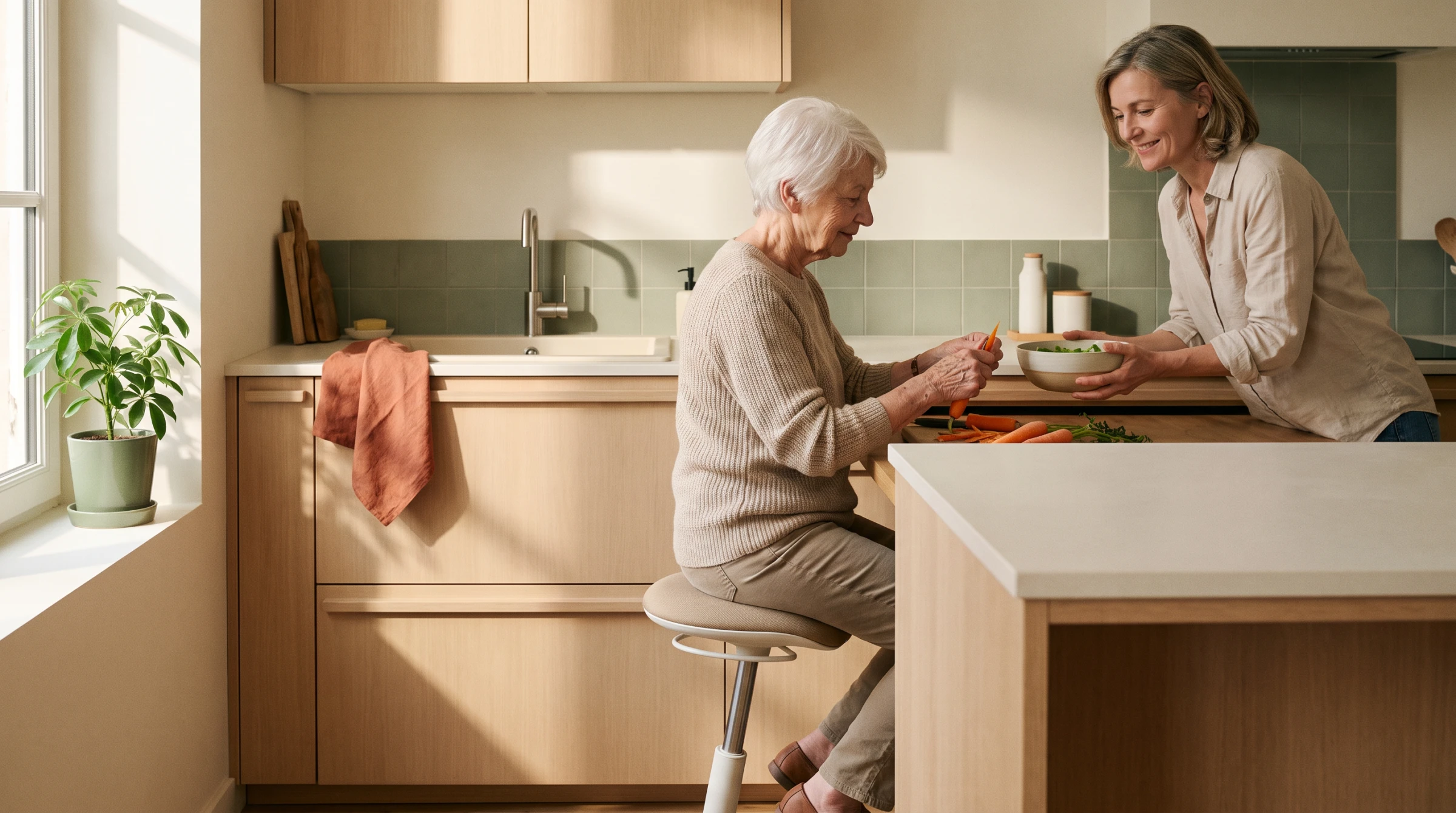 Fille aidante et sa mère âgée devant le plan de travail bas d'une cuisine adaptée et lumineuse.