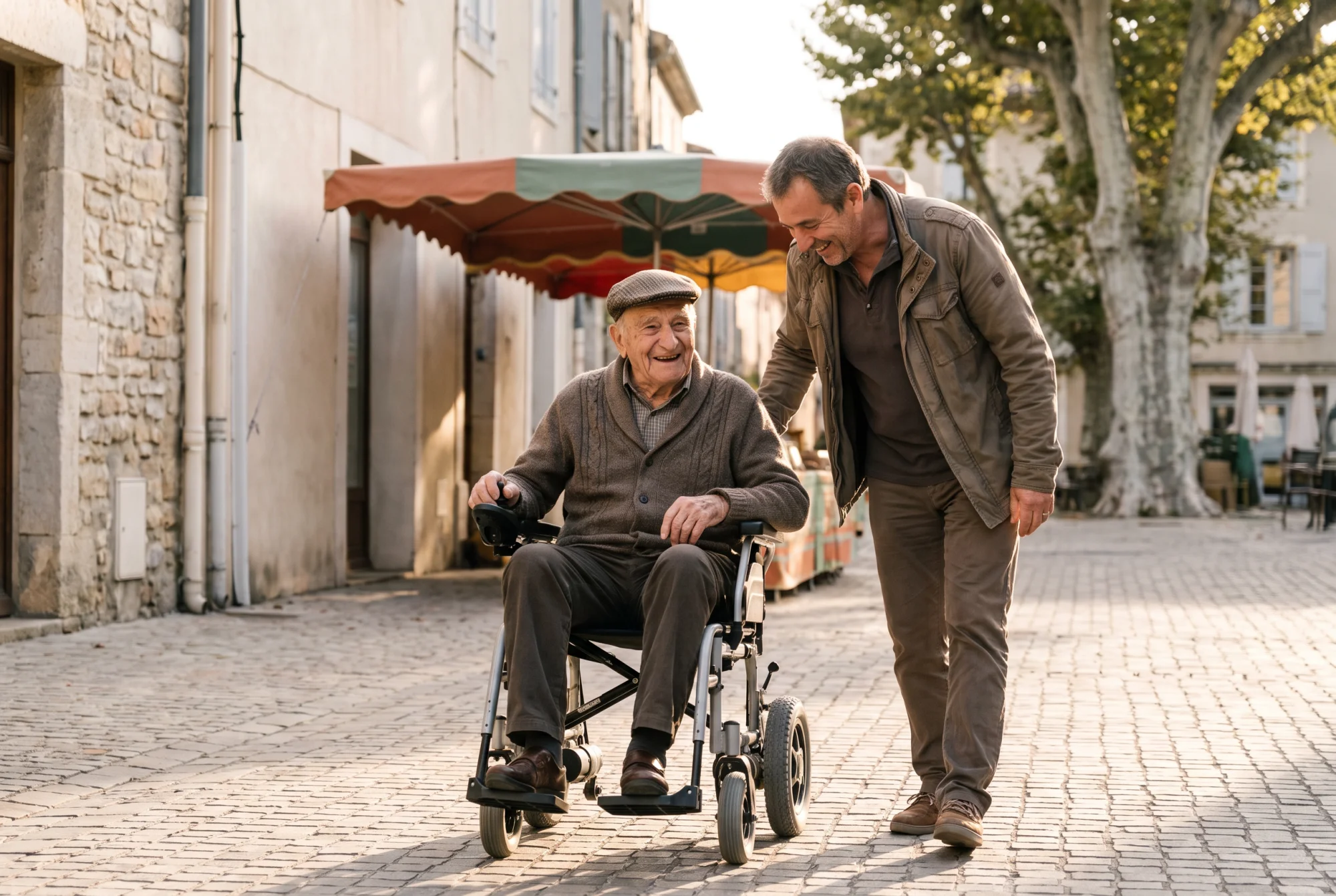 Homme âgé en fauteuil roulant électrique souriant en extérieur, accompagné de son fils dans une rue ensoleillée.