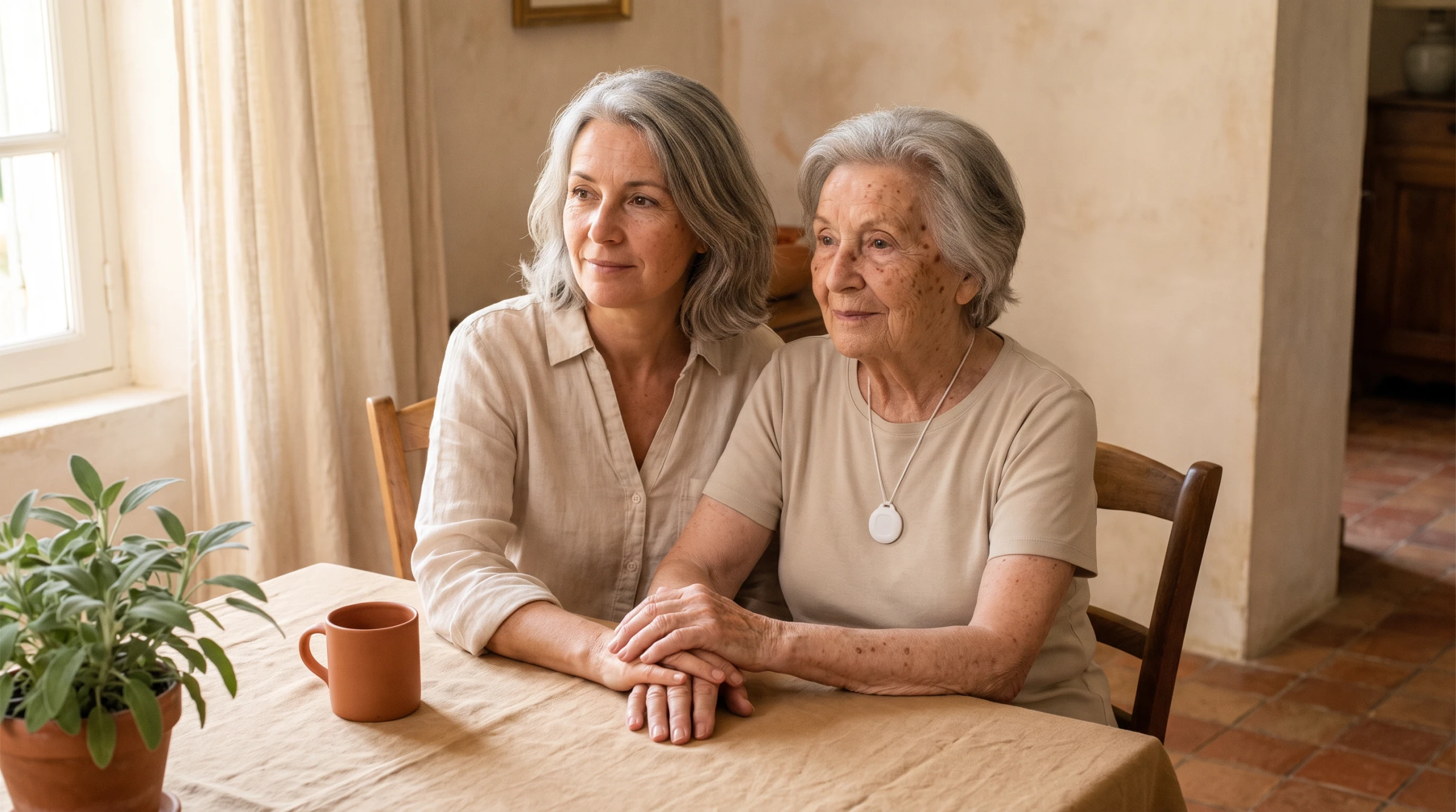 Fille aidante et sa mère âgée, main dans la main, dans une cuisine lumineuse, médaillon de téléassistance au cou.