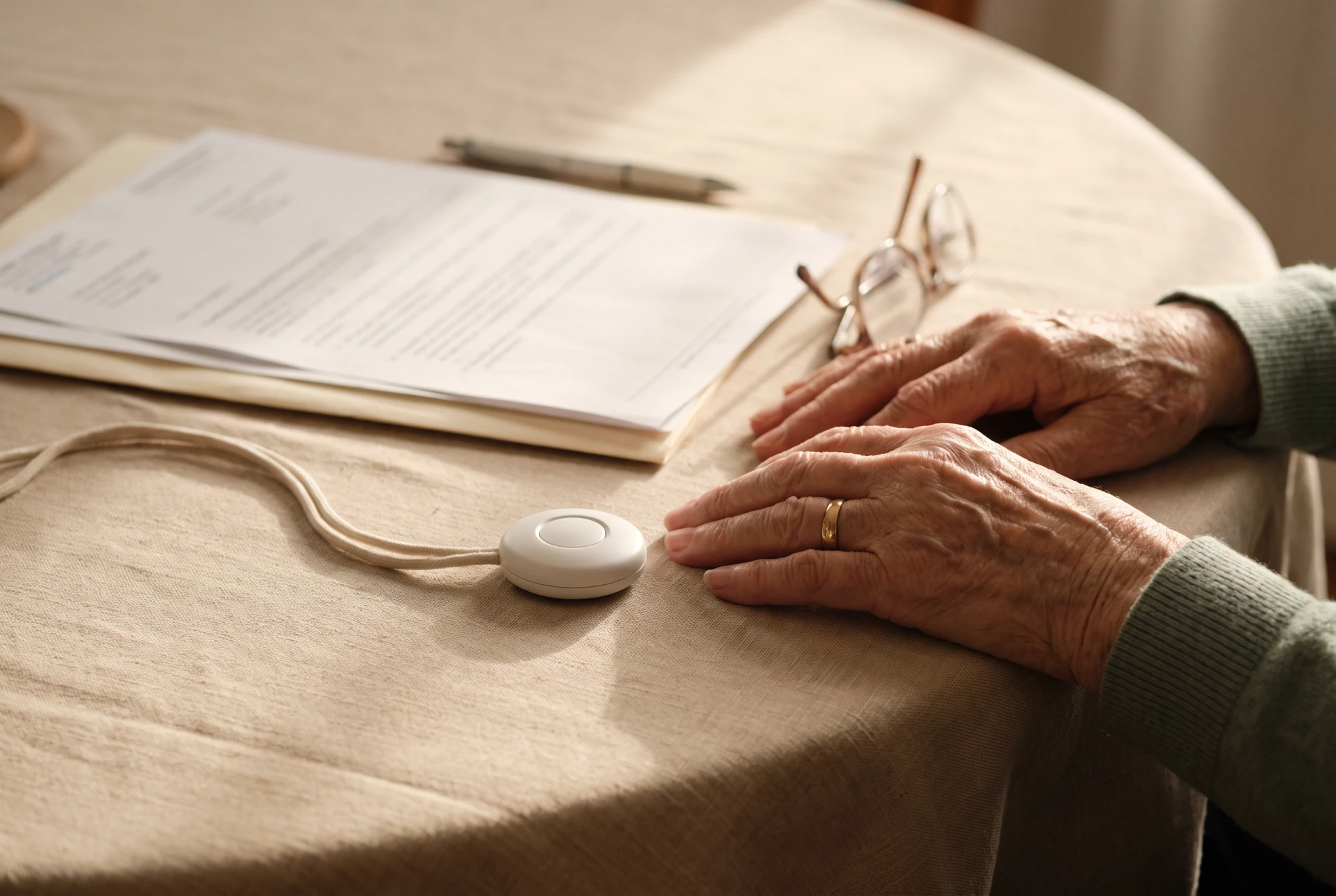 Mains d'une femme âgée posées sur la table près d'un médaillon d'alarme et de papiers administratifs.