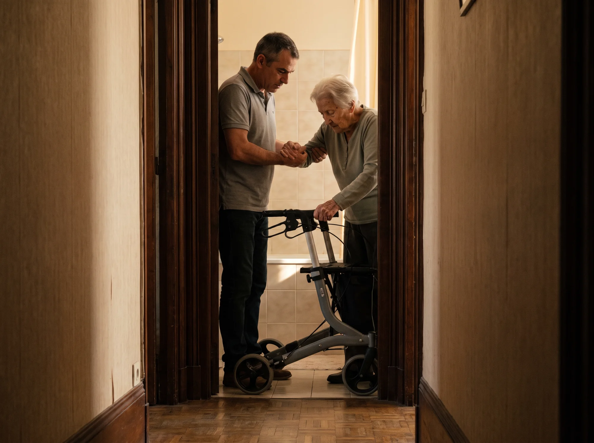 Aidant quinquagénaire et sa mère âgée franchissant avec un déambulateur l'embrasure étroite d'une salle de bain.