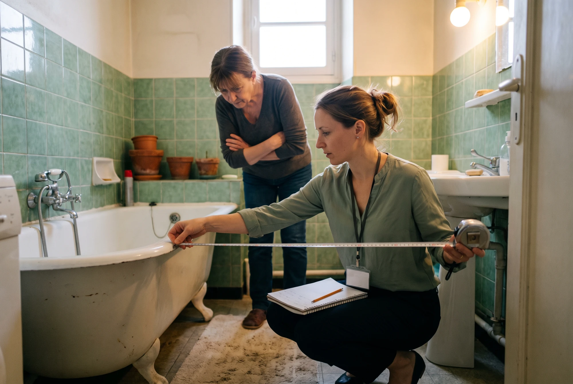 Ergothérapeute mesurant au mètre ruban le passage d'une salle de bain ancienne, aidante attentive derrière elle.