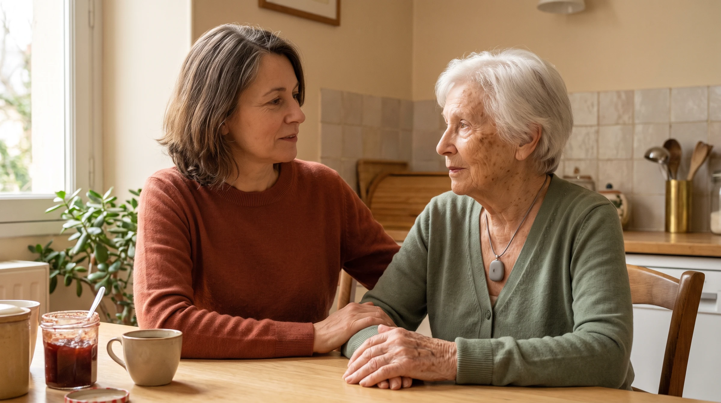 Fille aidante et sa mère âgée, main dans la main dans une cuisine lumineuse, médaillon d'alerte au cou.
