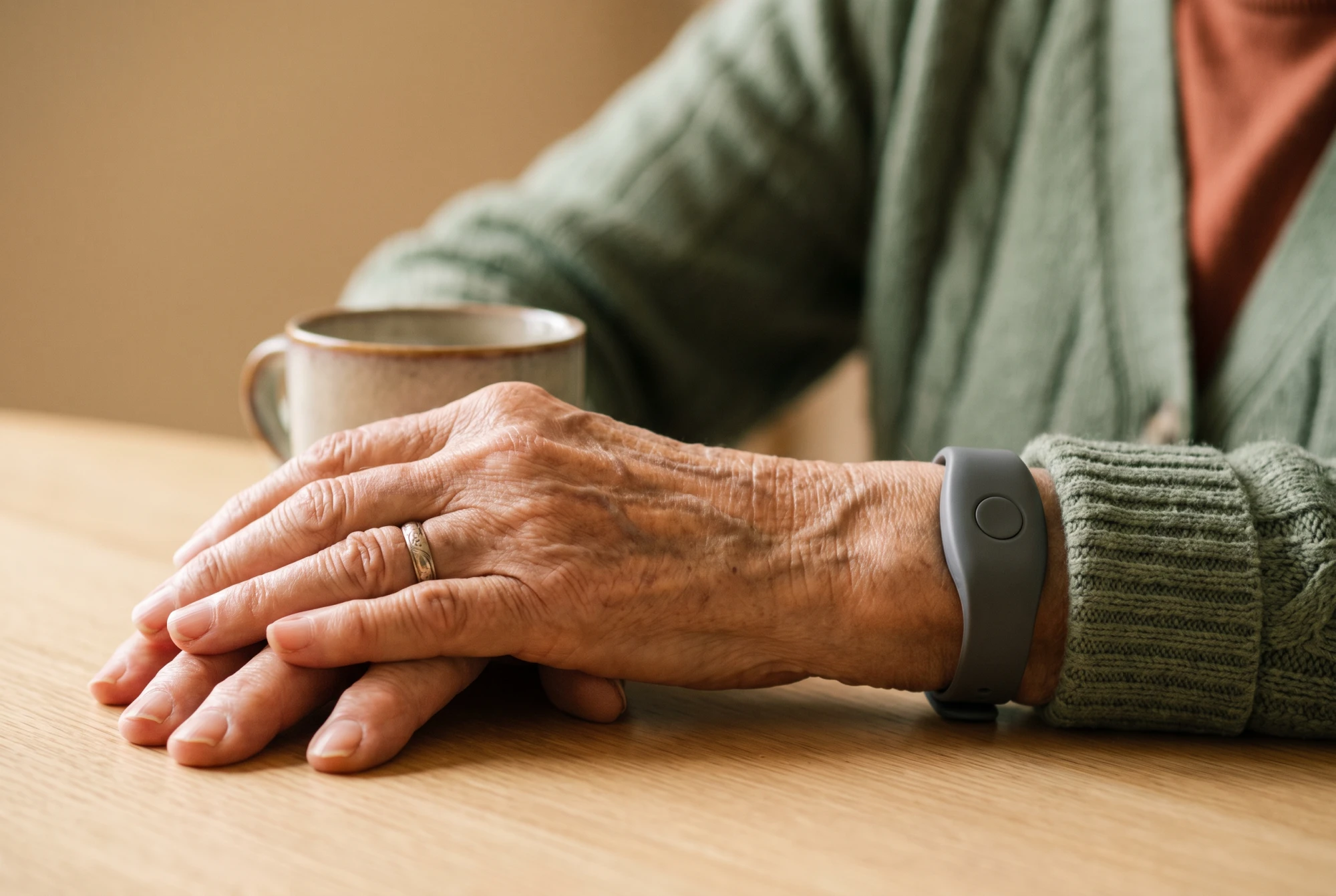 Poignet d'une femme âgée portant un bracelet d'alerte de téléassistance, mains posées sur une table en bois.